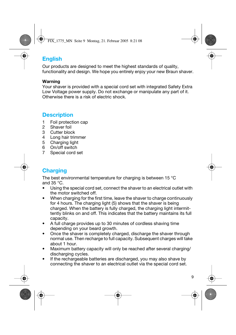 English, Description, Charging | Braun 1775 Free Control User Manual | Page 8 / 59
