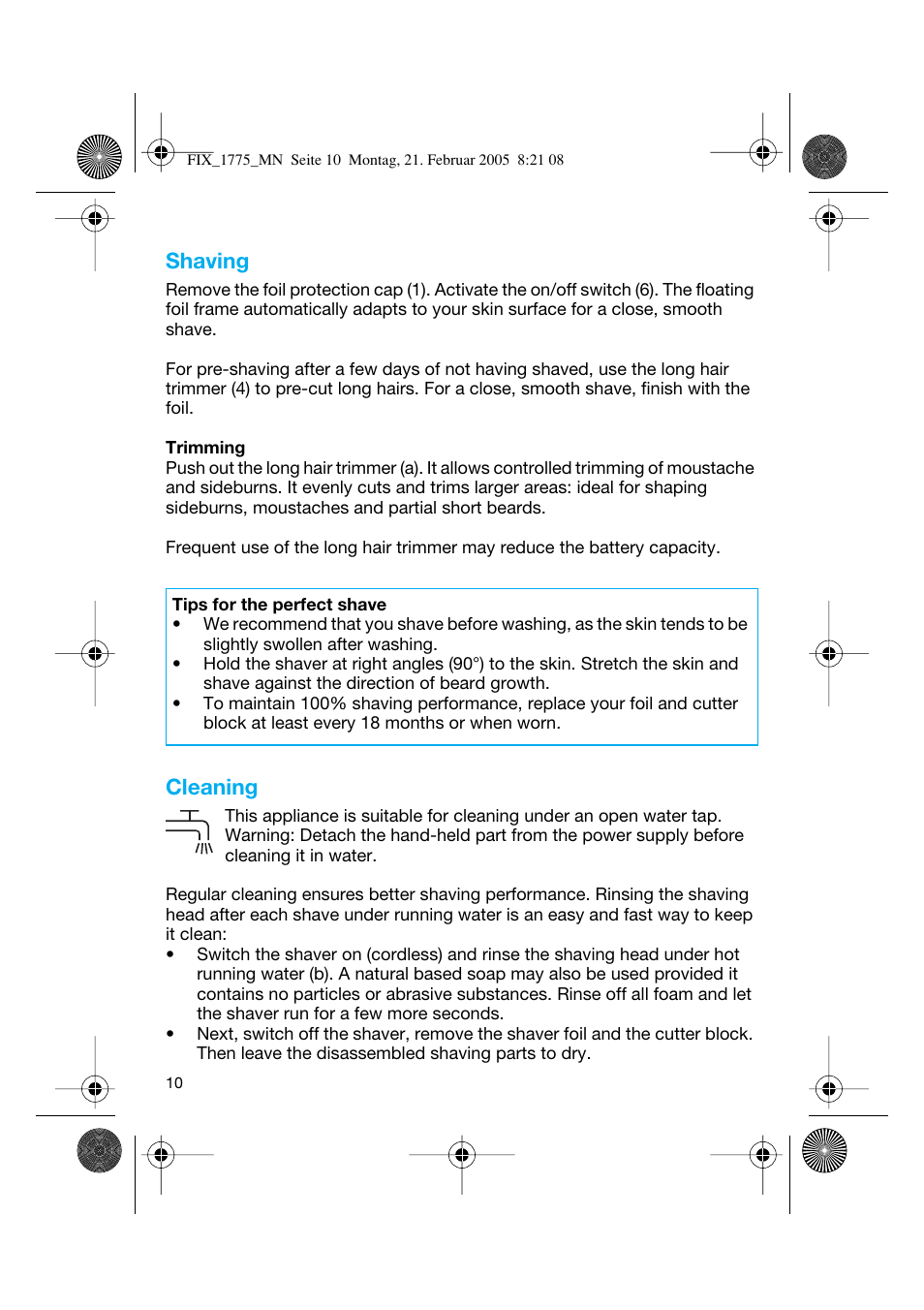 Shaving, Cleaning | Braun 1775 Free Control User Manual | Page 9 / 59