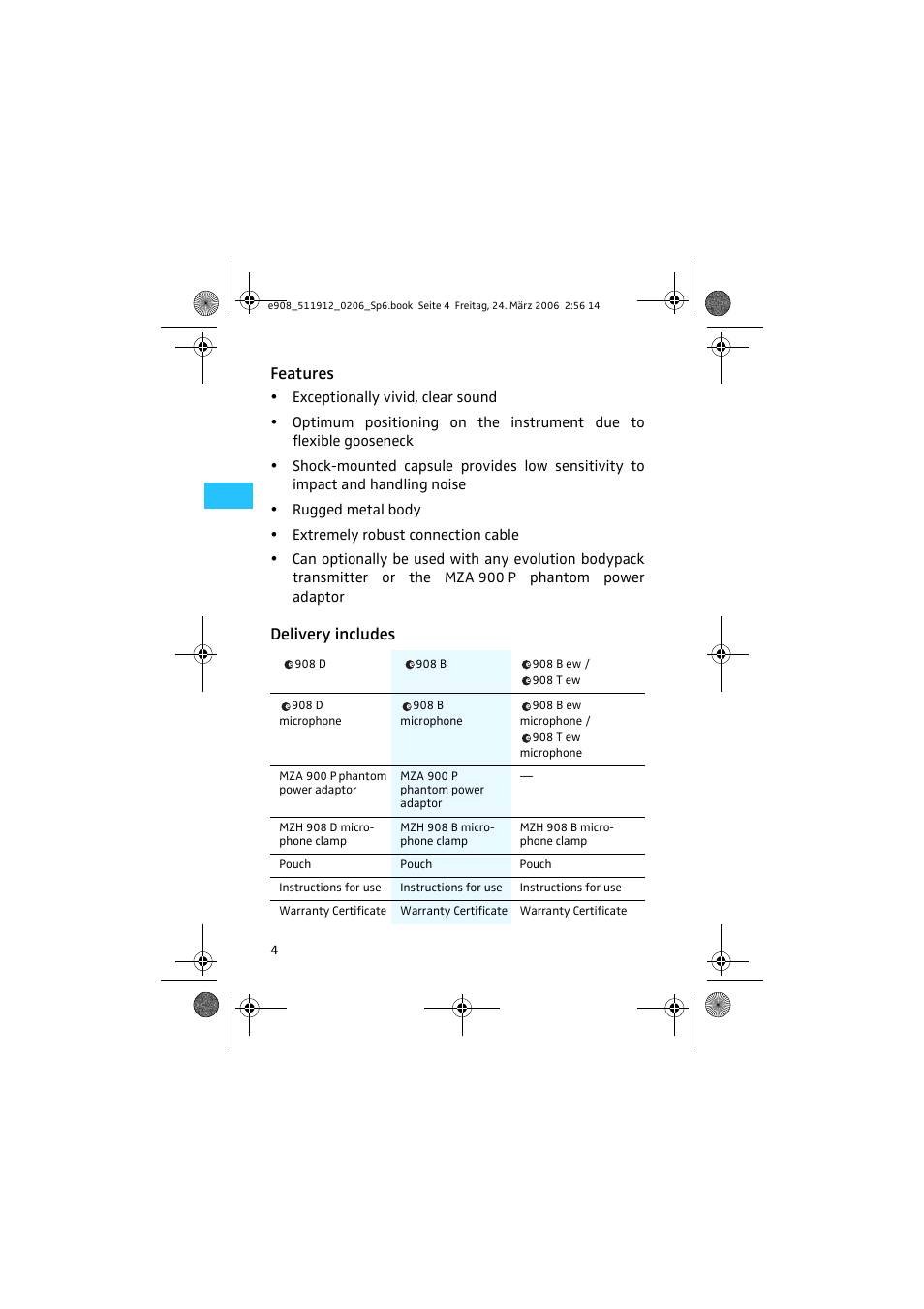 Features, Delivery includes | Sennheiser EVOLUTION E908 User Manual | Page 3 / 14