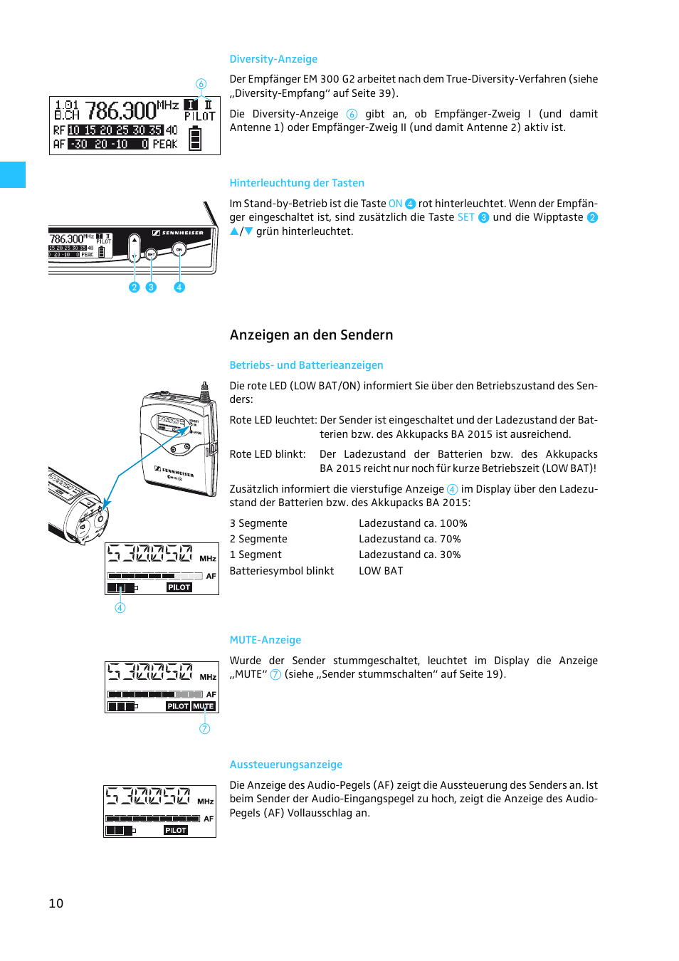 Diversity-anzeige, Hinterleuchtung der tasten, Anzeigen an den sendern | Betriebs- und batterieanzeigen, Mute-anzeige, Aussteuerungsanzeige | Sennheiser EW 300 G2 User Manual | Page 10 / 180