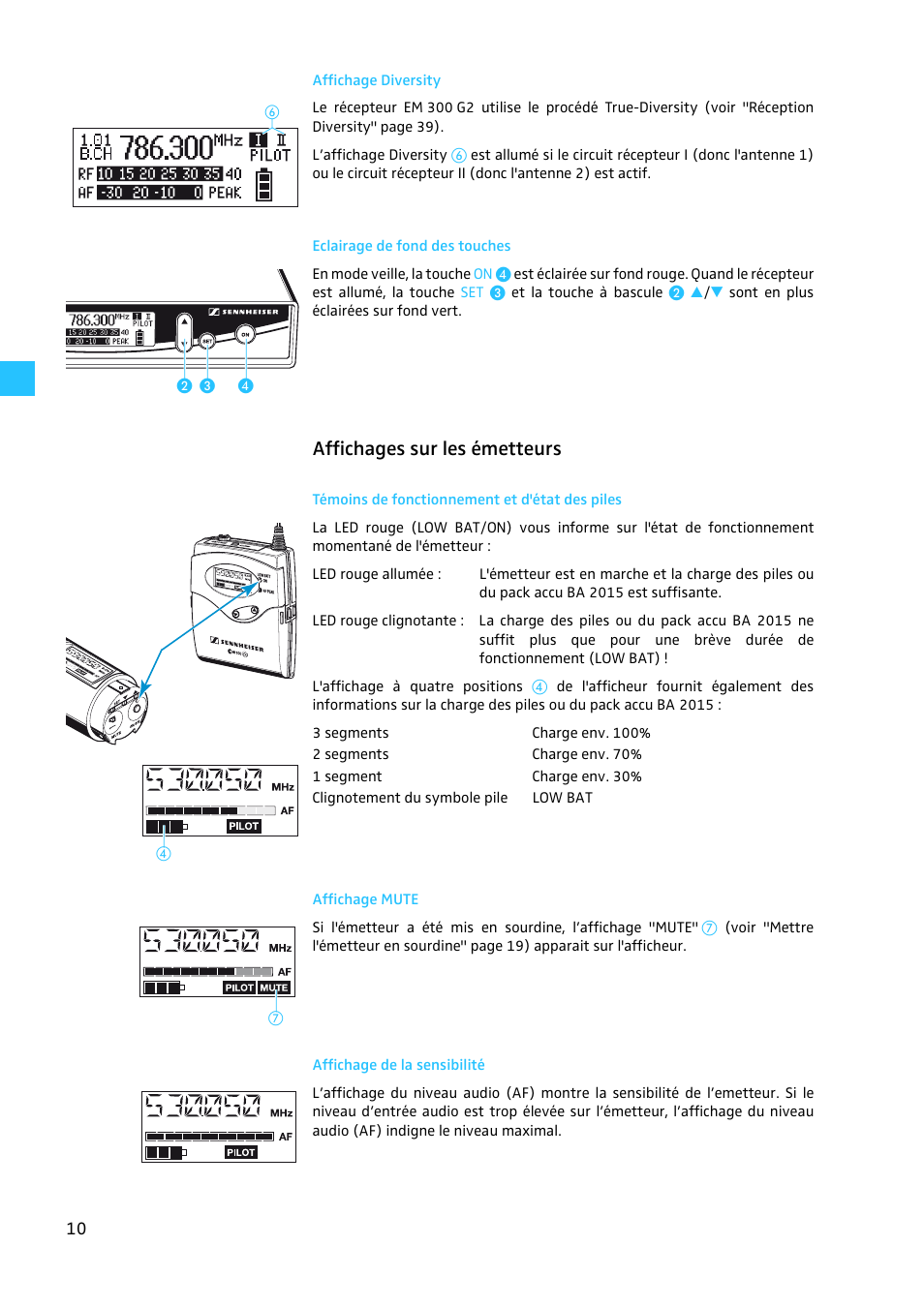 Affichage diversity, Eclairage de fond des touches, Affichages sur les émetteurs | Témoins de fonctionnement et d'état des piles, Affichage mute, Affichage de la sensibilité | Sennheiser EW 300 G2 User Manual | Page 100 / 180