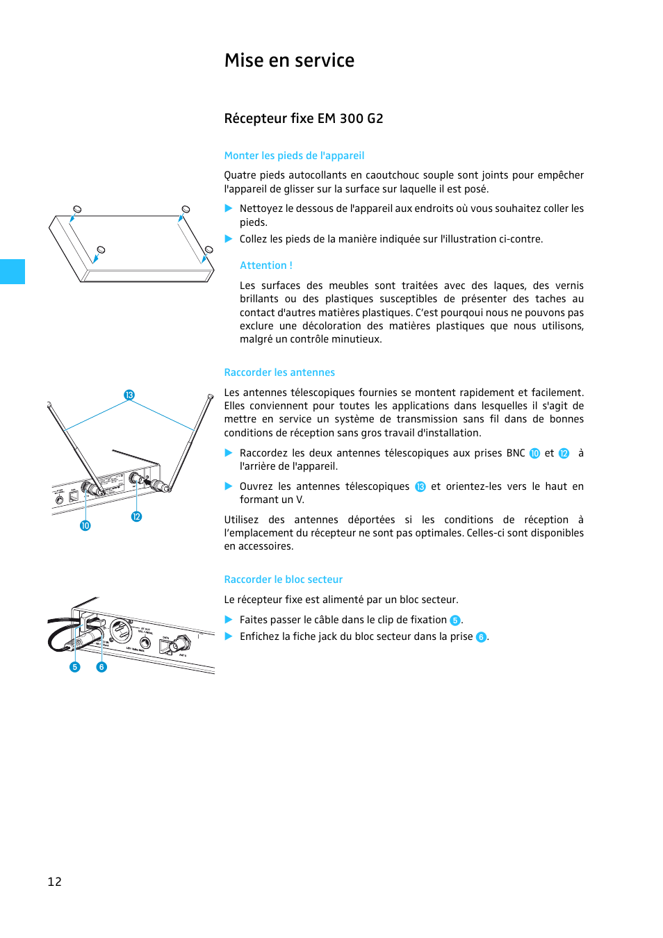 Mise en service, Récepteur fixe em 300 g2, Monter les pieds de l'appareil | Raccorder les antennes, Raccorder le bloc secteur | Sennheiser EW 300 G2 User Manual | Page 102 / 180