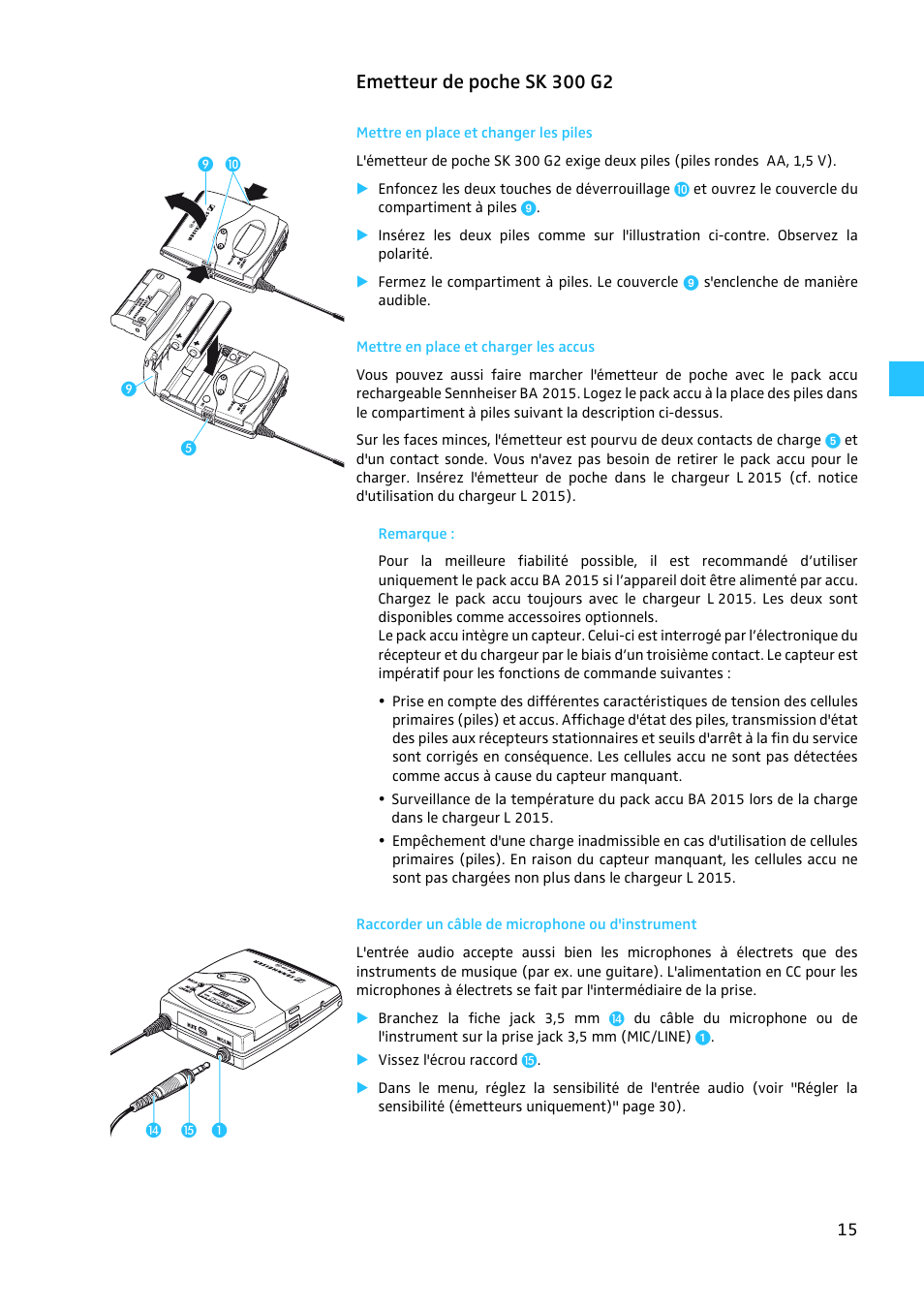 Emetteur de poche sk 300 g2, Mettre en place et changer les piles, Mettre en place et charger les accus | Raccorder un câble de microphone ou d'instrument | Sennheiser EW 300 G2 User Manual | Page 105 / 180