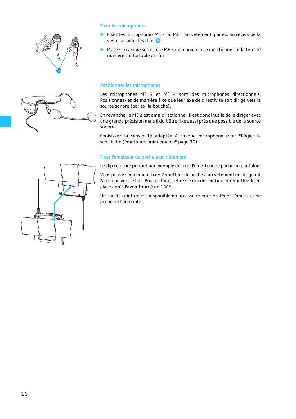 Fixer les microphones, Positionner les microphones, Fixer l'émetteur de poche à un vêtement | Sennheiser EW 300 G2 User Manual | Page 106 / 180
