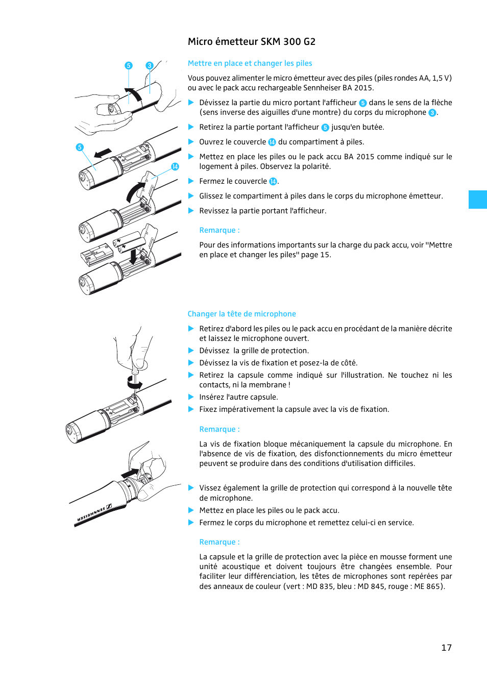 Micro émetteur skm 300 g2, Mettre en place et changer les piles, Changer la tête de microphone | Sennheiser EW 300 G2 User Manual | Page 107 / 180