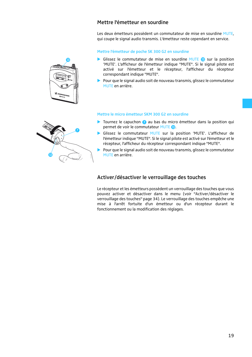 Mettre l'émetteur en sourdine, Mettre l'émetteur de poche sk 300 g2 en sourdine, Mettre le micro émetteur skm 300 g2 en sourdine | Activer/désactiver le verrouillage des touches | Sennheiser EW 300 G2 User Manual | Page 109 / 180