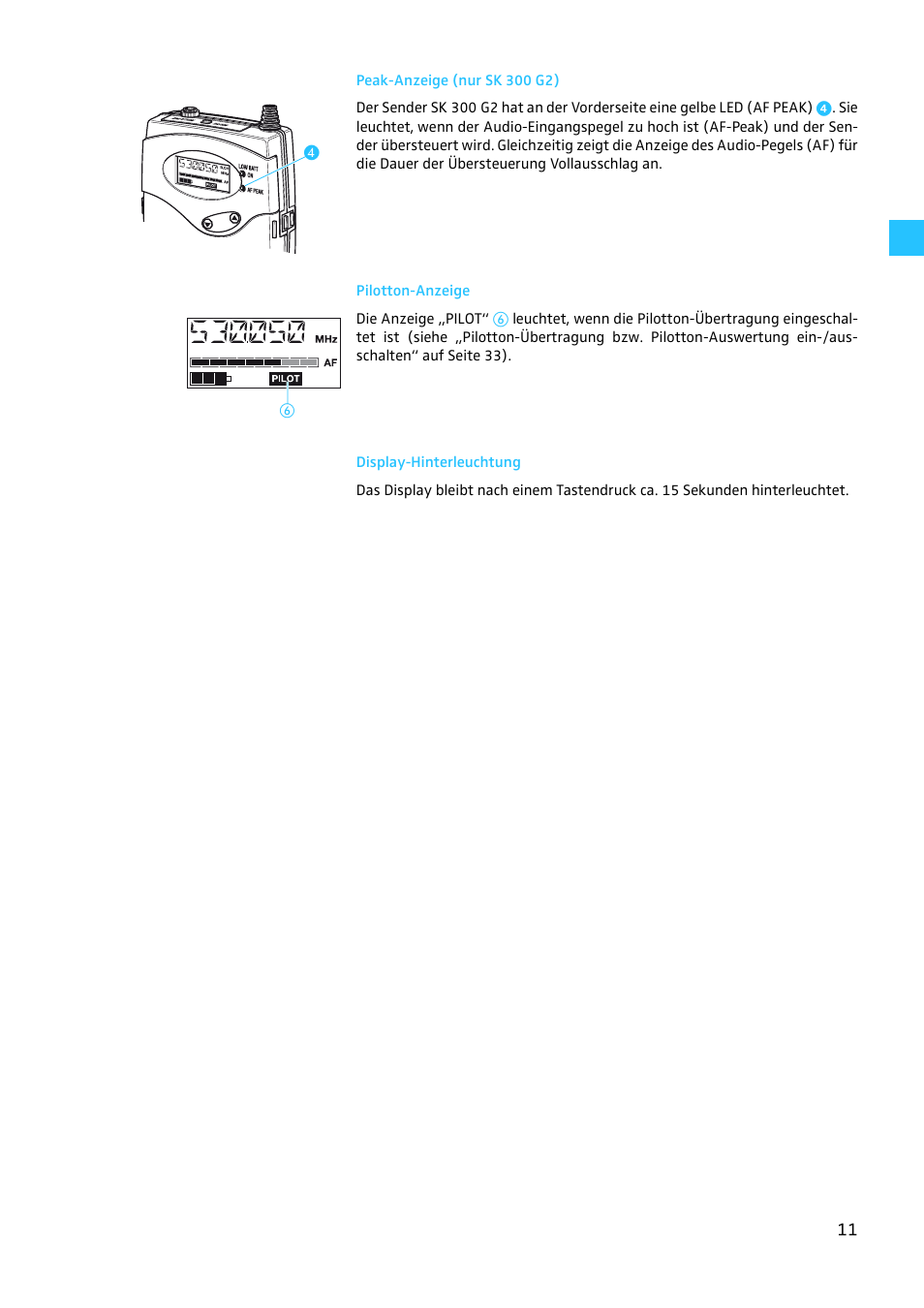 Peak-anzeige (nur sk 300 g2), Pilotton-anzeige, Display-hinterleuchtung | Sennheiser EW 300 G2 User Manual | Page 11 / 180