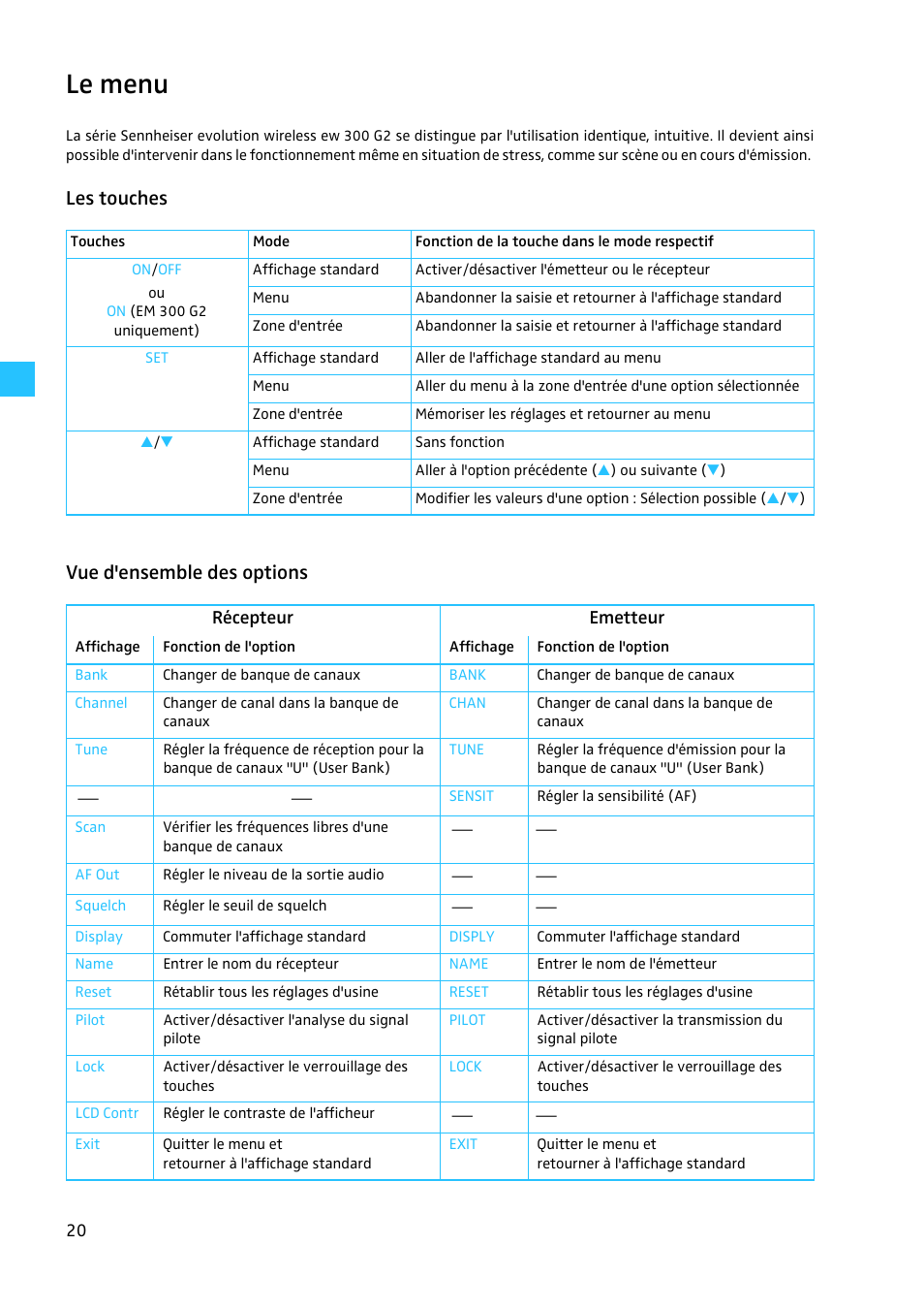 Le menu, Les touches, Vue d'ensemble des options | Les touches vue d'ensemble des options | Sennheiser EW 300 G2 User Manual | Page 110 / 180