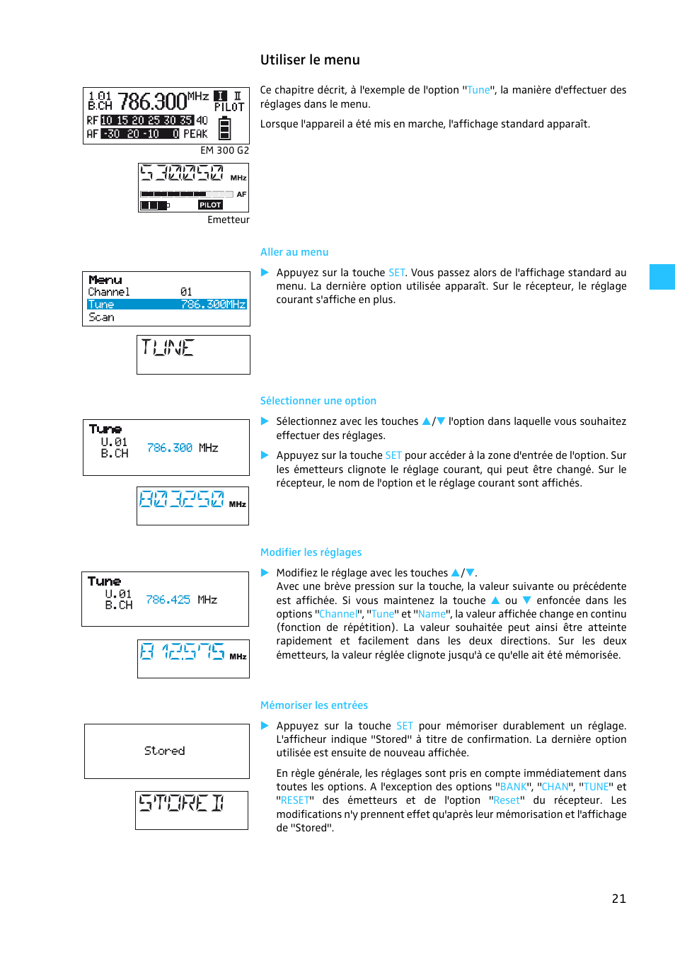 Utiliser le menu, Aller au menu, Sélectionner une option | Modifier les réglages, Mémoriser les entrées | Sennheiser EW 300 G2 User Manual | Page 111 / 180