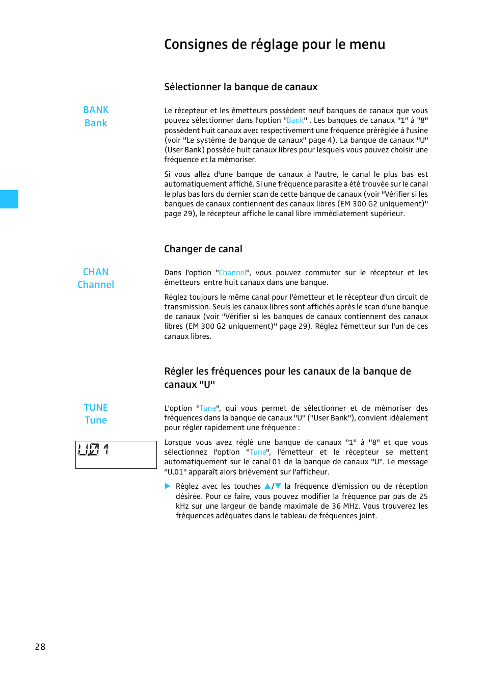 Consignes de réglage pour le menu, Sélectionner la banque de canaux, Changer de canal | Sennheiser EW 300 G2 User Manual | Page 118 / 180