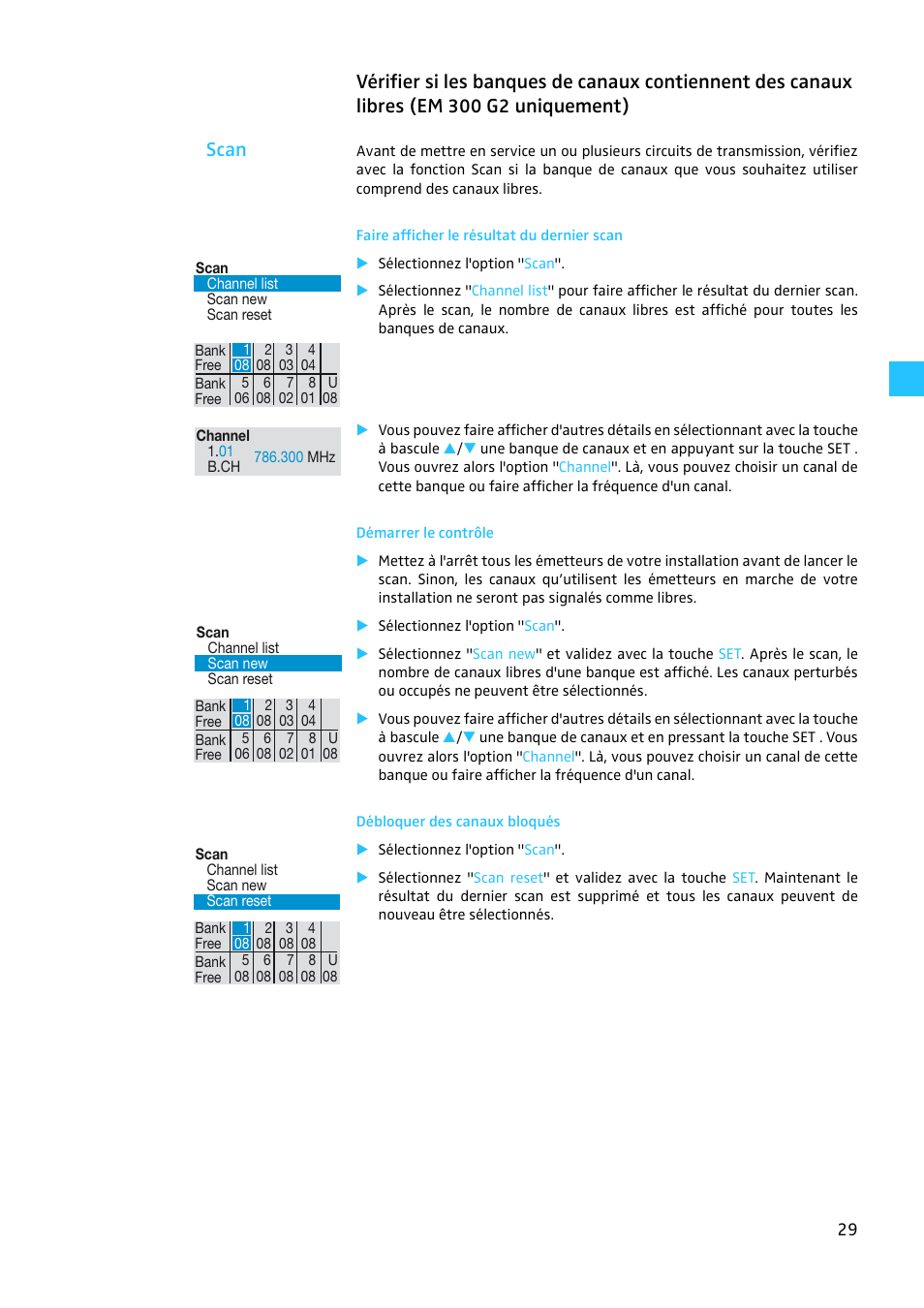 Faire afficher le résultat du dernier scan, Démarrer le contrôle, Débloquer des canaux bloqués | Sennheiser EW 300 G2 User Manual | Page 119 / 180