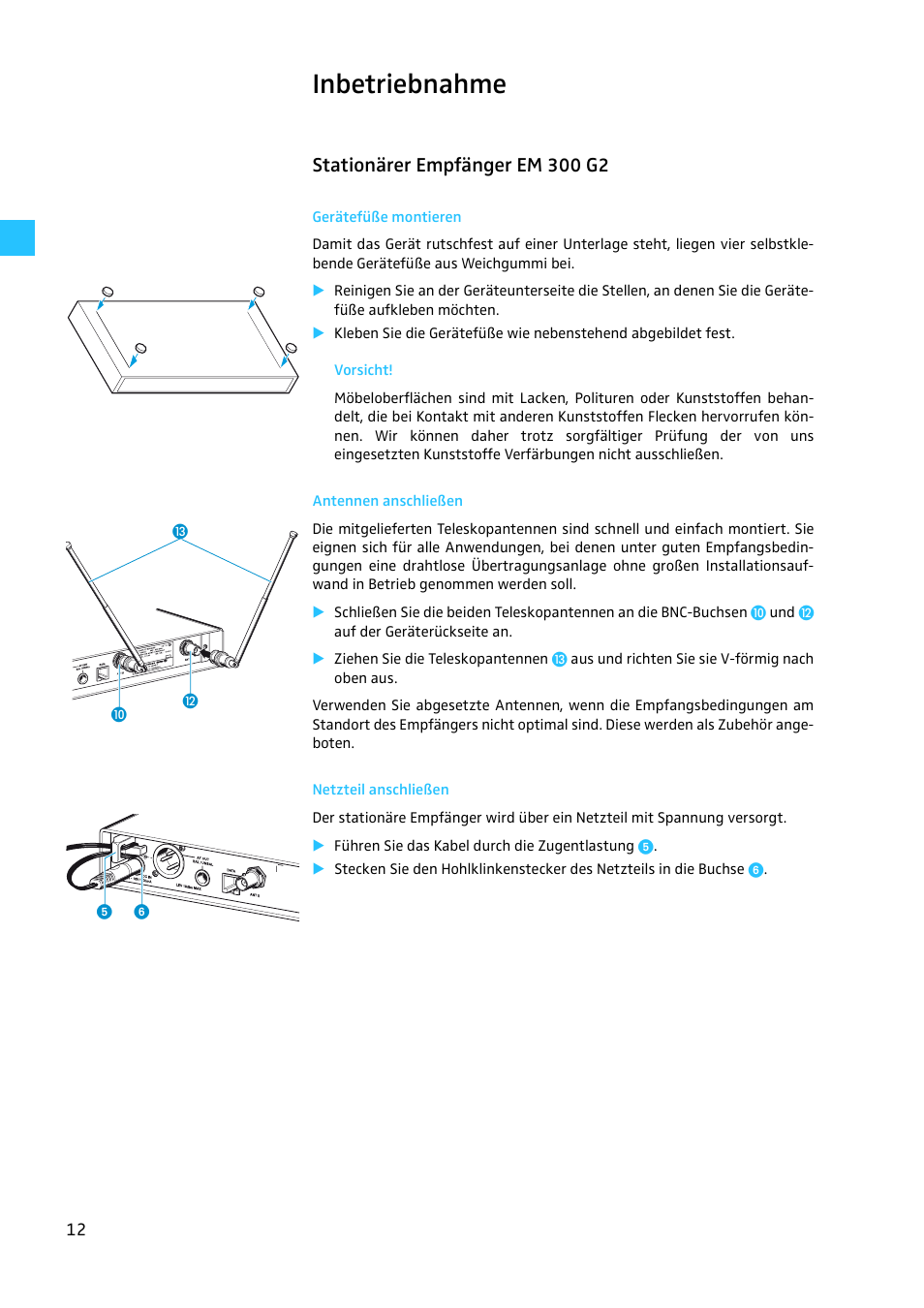 Inbetriebnahme, Stationärer empfänger em 300 g2, Gerätefüße montieren | Antennen anschließen, Netzteil anschließen | Sennheiser EW 300 G2 User Manual | Page 12 / 180