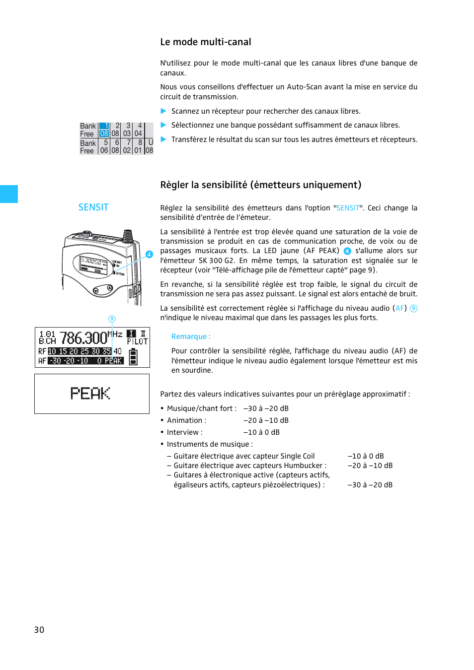 Le mode multi-canal, Régler la sensibilité (émetteurs uniquement) | Sennheiser EW 300 G2 User Manual | Page 120 / 180
