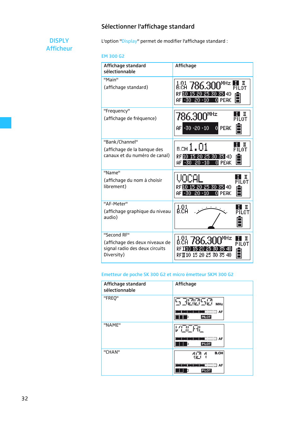 Sélectionner l'affichage standard, Em 300 g2, Sélectionner l'affichage standard disply afficheur | Sennheiser EW 300 G2 User Manual | Page 122 / 180