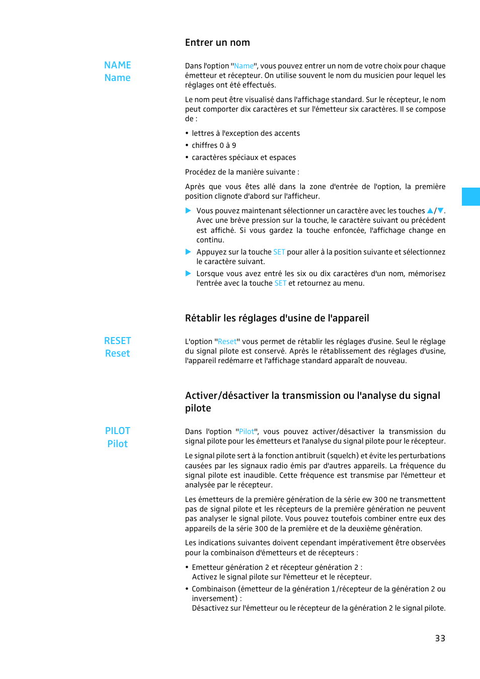 Entrer un nom, Rétablir les réglages d'usine de l'appareil, Entrer un nom name name | Sennheiser EW 300 G2 User Manual | Page 123 / 180