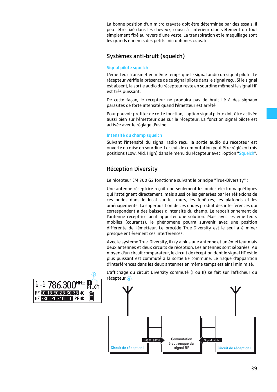 Systèmes anti-bruit (squelch), Signal pilote squelch, Intensité du champ squelch | Réception diversity | Sennheiser EW 300 G2 User Manual | Page 129 / 180