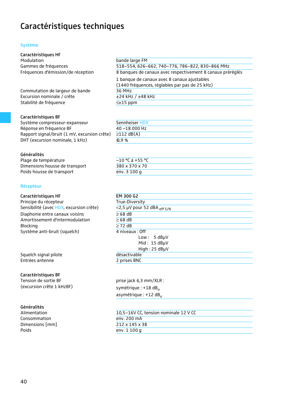 Caractéristiques techniques, Système, Récepteur | Sennheiser EW 300 G2 User Manual | Page 130 / 180