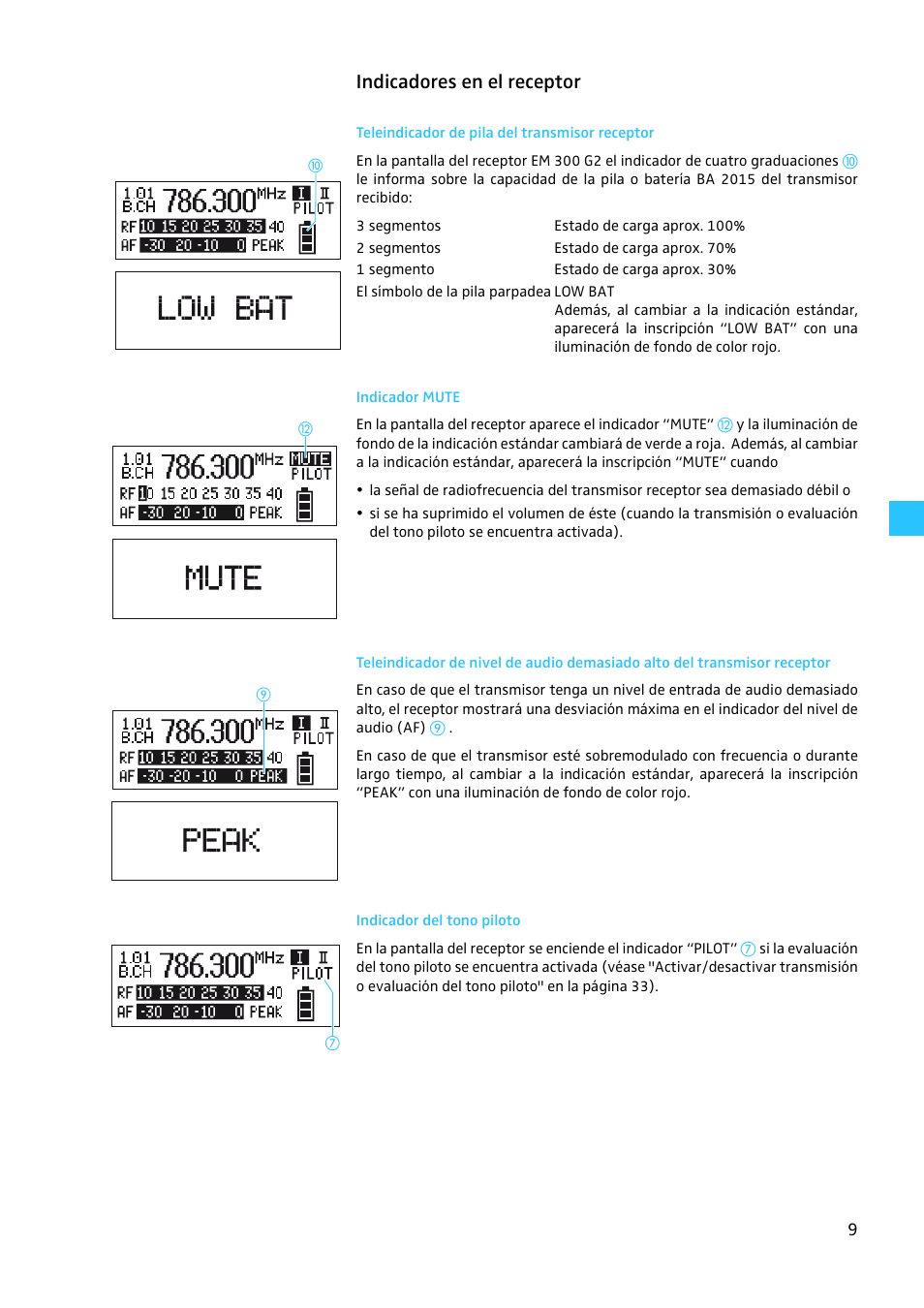 Indicadores en el receptor, Teleindicador de pila del transmisor receptor, Indicador mute | Indicador del tono piloto | Sennheiser EW 300 G2 User Manual | Page 144 / 180