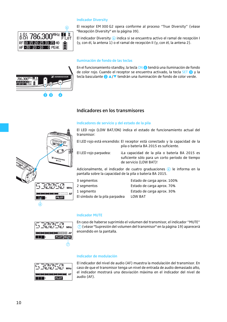 Indicador diversity, Iluminación de fondo de las teclas, Indicadores en los transmisores | Indicadores de servicio y del estado de la pila, Indicador mute, Indicador de modulación | Sennheiser EW 300 G2 User Manual | Page 145 / 180