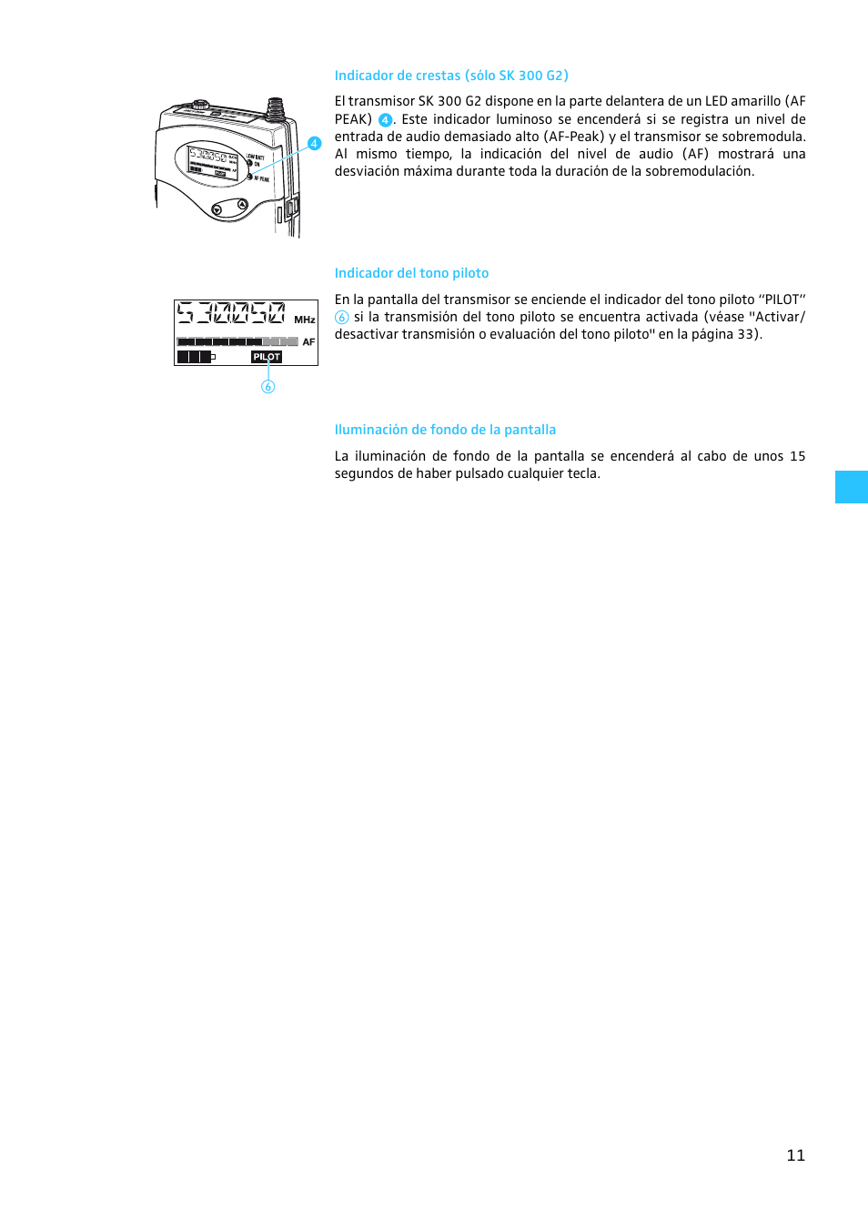 Indicador de crestas (sólo sk 300 g2), Indicador del tono piloto, Iluminación de fondo de la pantalla | Sennheiser EW 300 G2 User Manual | Page 146 / 180