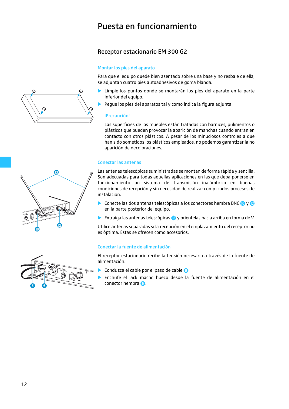 Puesta en funcionamiento, Receptor estacionario em 300 g2, Montar los pies del aparato | Conectar las antenas, Conectar la fuente de alimentación | Sennheiser EW 300 G2 User Manual | Page 147 / 180