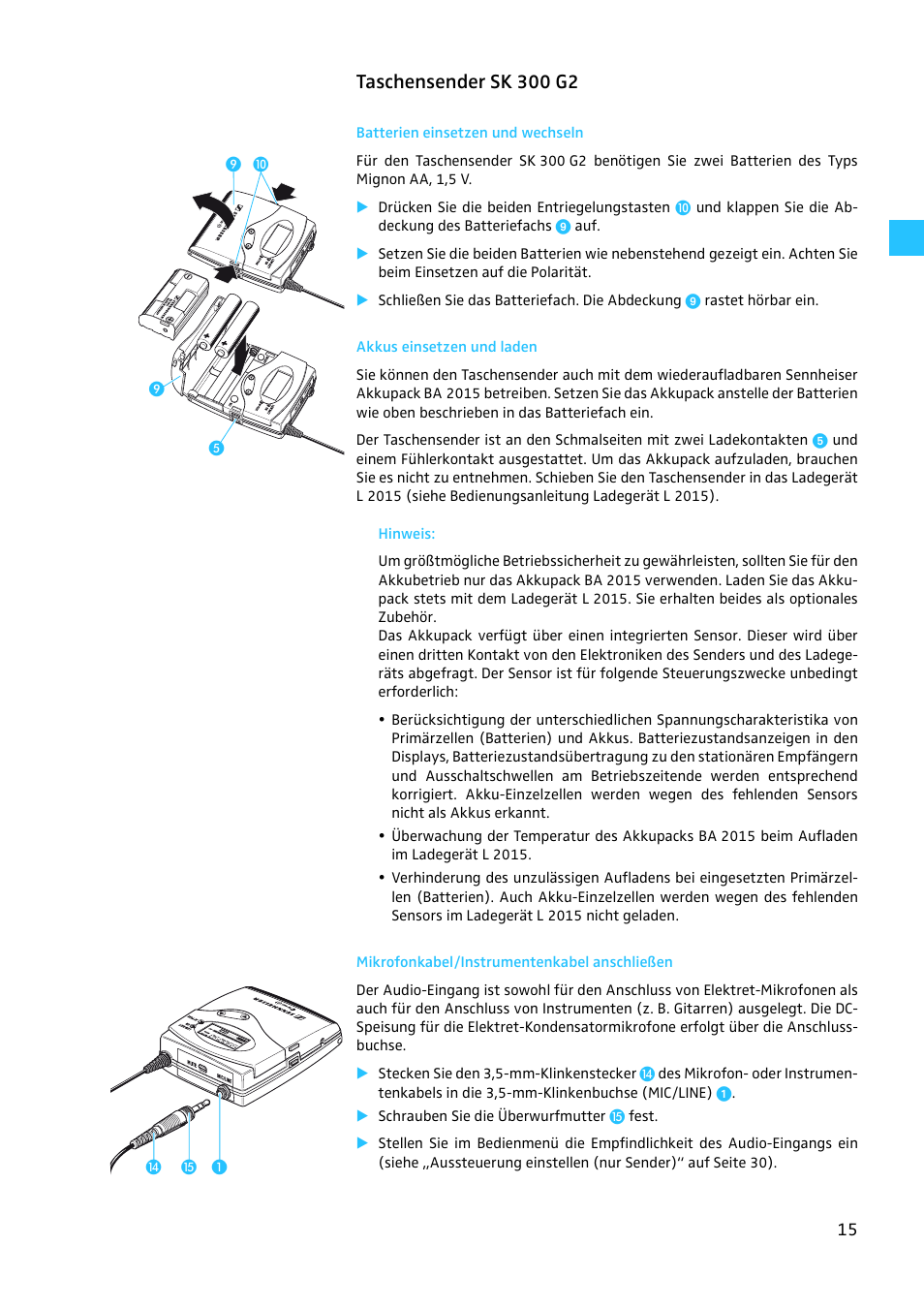 Taschensender sk 300 g2, Batterien einsetzen und wechseln, Akkus einsetzen und laden | Mikrofonkabel/instrumentenkabel anschließen | Sennheiser EW 300 G2 User Manual | Page 15 / 180