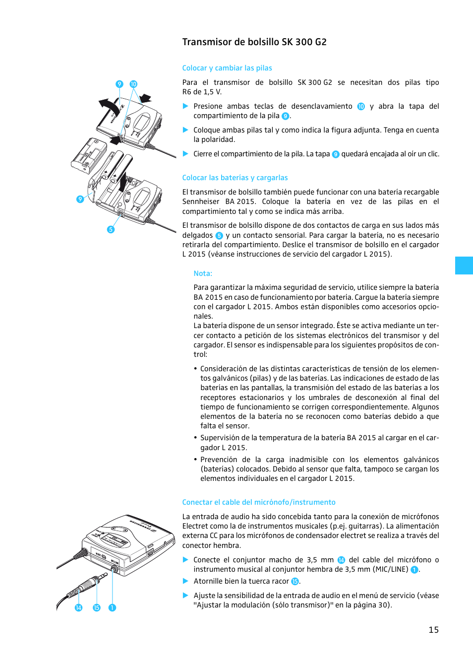Transmisor de bolsillo sk 300 g2, Colocar y cambiar las pilas, Colocar las baterías y cargarlas | Conectar el cable del micrónofo/instrumento | Sennheiser EW 300 G2 User Manual | Page 150 / 180
