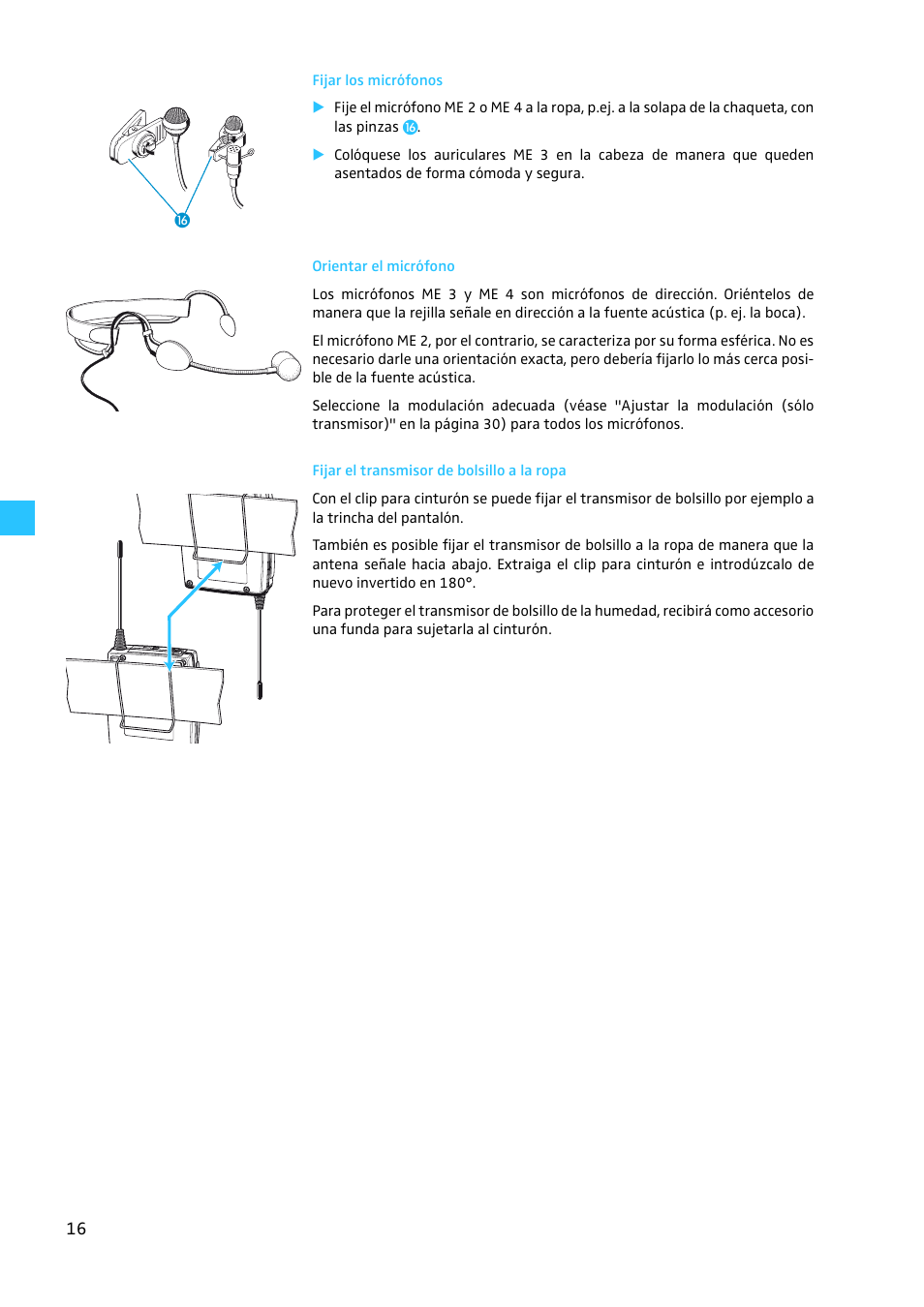 Fijar los micrófonos, Orientar el micrófono, Fijar el transmisor de bolsillo a la ropa | Sennheiser EW 300 G2 User Manual | Page 151 / 180