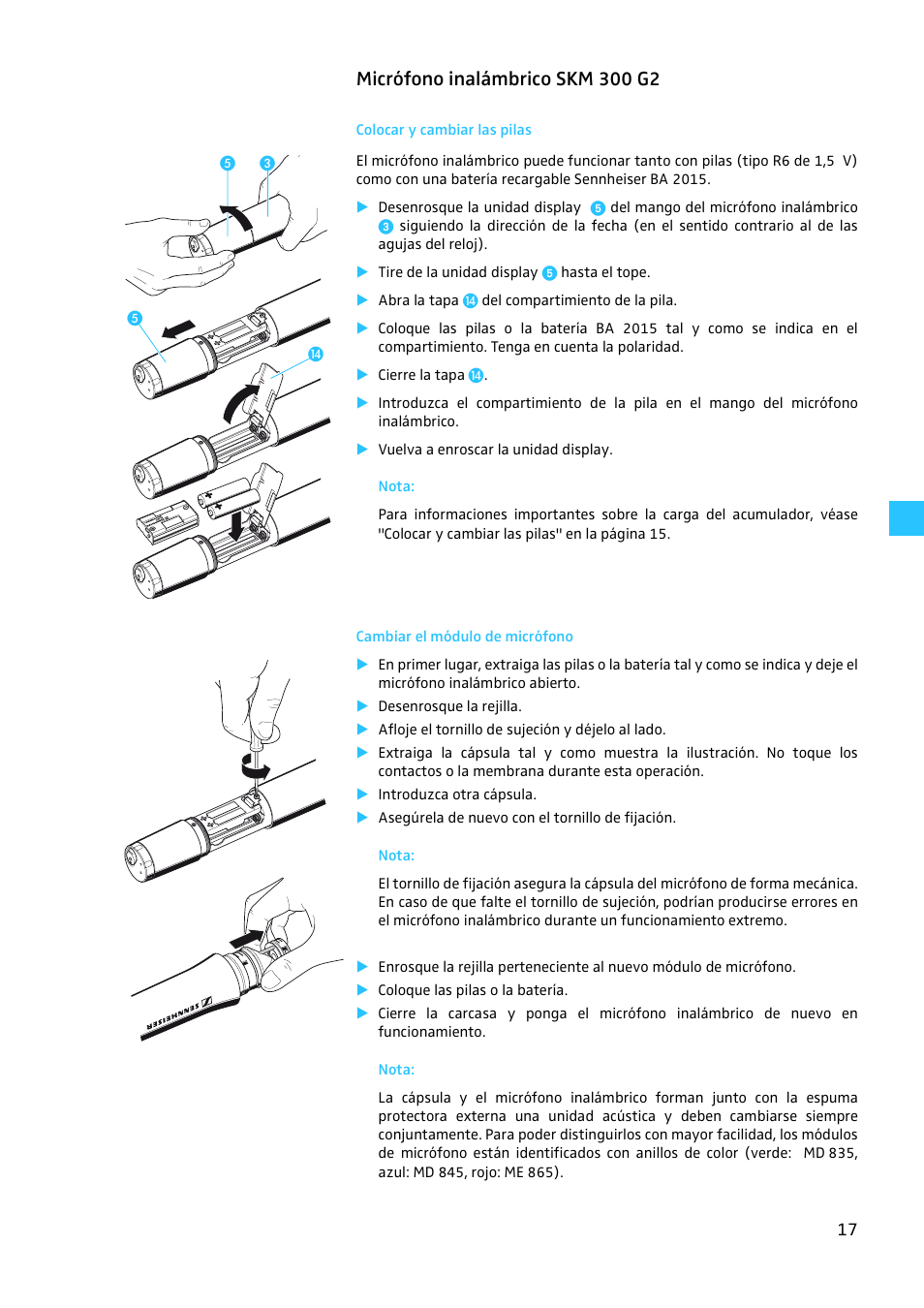 Micrófono inalámbrico skm 300 g2, Colocar y cambiar las pilas, Cambiar el módulo de micrófono | Sennheiser EW 300 G2 User Manual | Page 152 / 180