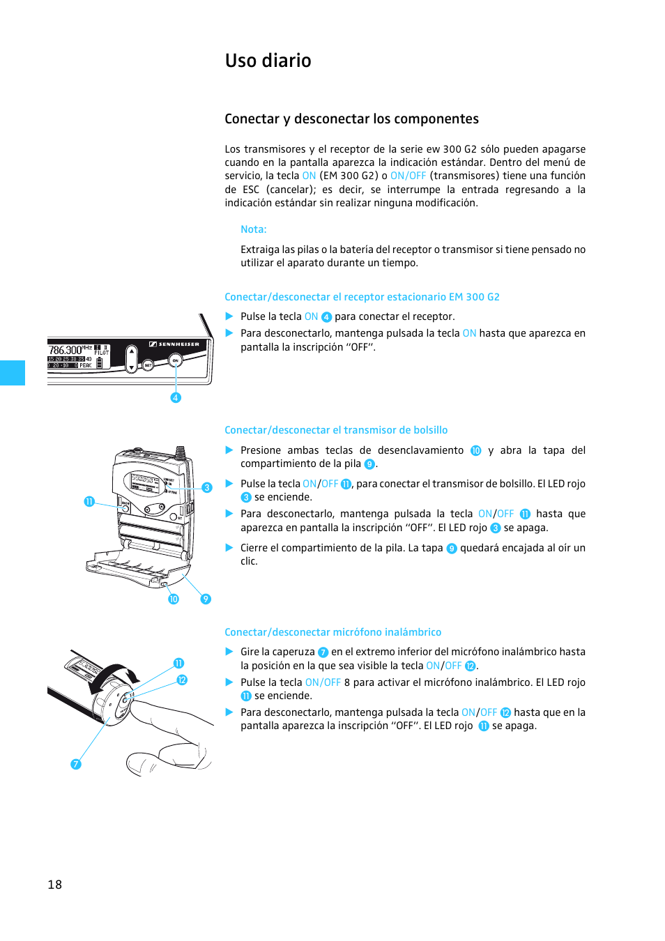 Uso diario, Conectar y desconectar los componentes, Conectar/desconectar el transmisor de bolsillo | Conectar/desconectar micrófono inalámbrico | Sennheiser EW 300 G2 User Manual | Page 153 / 180