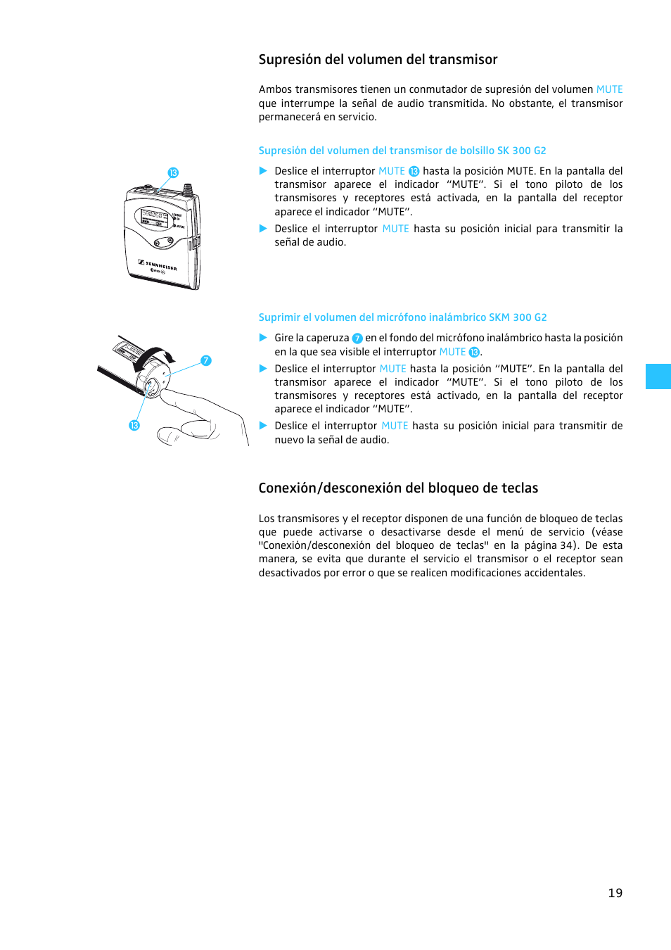 Supresión del volumen del transmisor, Conexión/desconexión del bloqueo de teclas | Sennheiser EW 300 G2 User Manual | Page 154 / 180