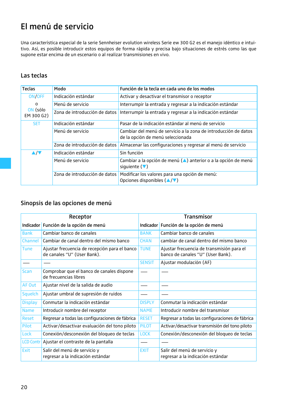 El menú de servicio, Las teclas, Sinopsis de las opciones de menú | Las teclas sinopsis de las opciones de menú | Sennheiser EW 300 G2 User Manual | Page 155 / 180