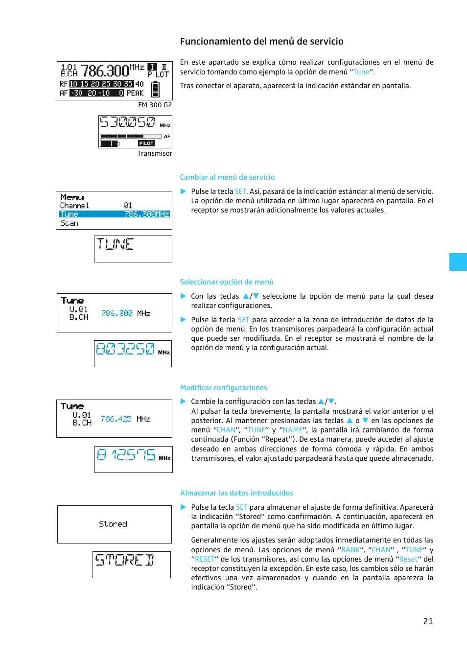 Funcionamiento del menú de servicio, Cambiar al menú de servicio, Seleccionar opción de menú | Modificar configuraciones, Almacenar los datos introducidos | Sennheiser EW 300 G2 User Manual | Page 156 / 180