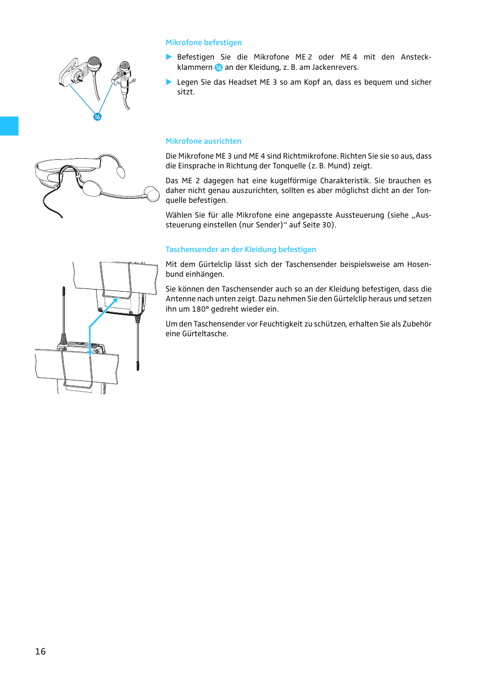 Mikrofone befestigen, Mikrofone ausrichten, Taschensender an der kleidung befestigen | Sennheiser EW 300 G2 User Manual | Page 16 / 180