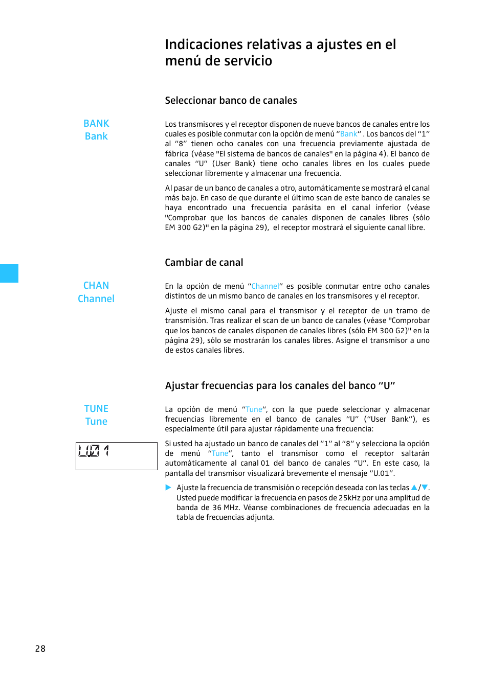 Seleccionar banco de canales, Cambiar de canal, Ajustar frecuencias para los canales del banco “u | Sennheiser EW 300 G2 User Manual | Page 163 / 180