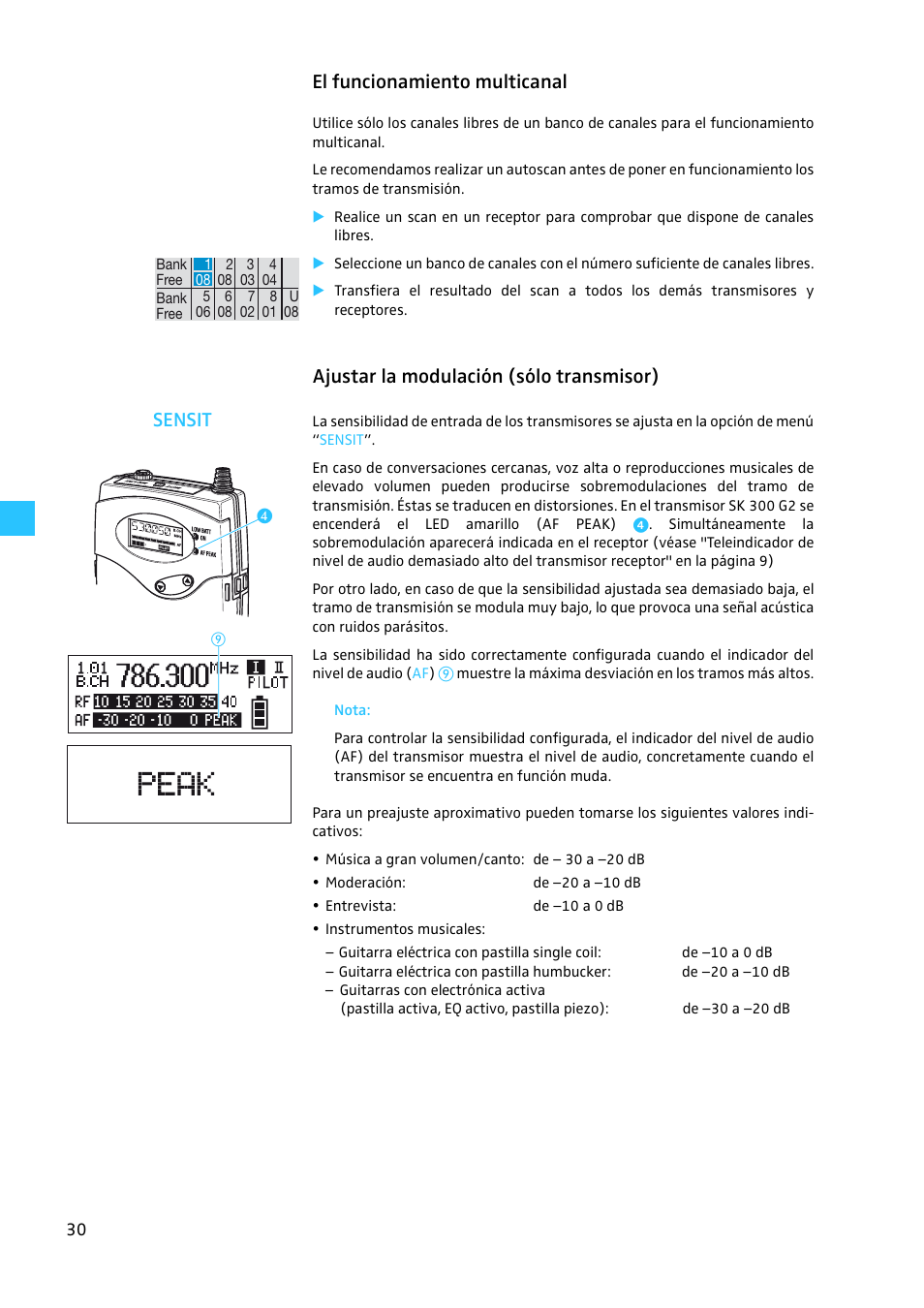 El funcionamiento multicanal, Ajustar la modulación (sólo transmisor), Ajustar la modulación (sólo transmisor) sensit | Sennheiser EW 300 G2 User Manual | Page 165 / 180