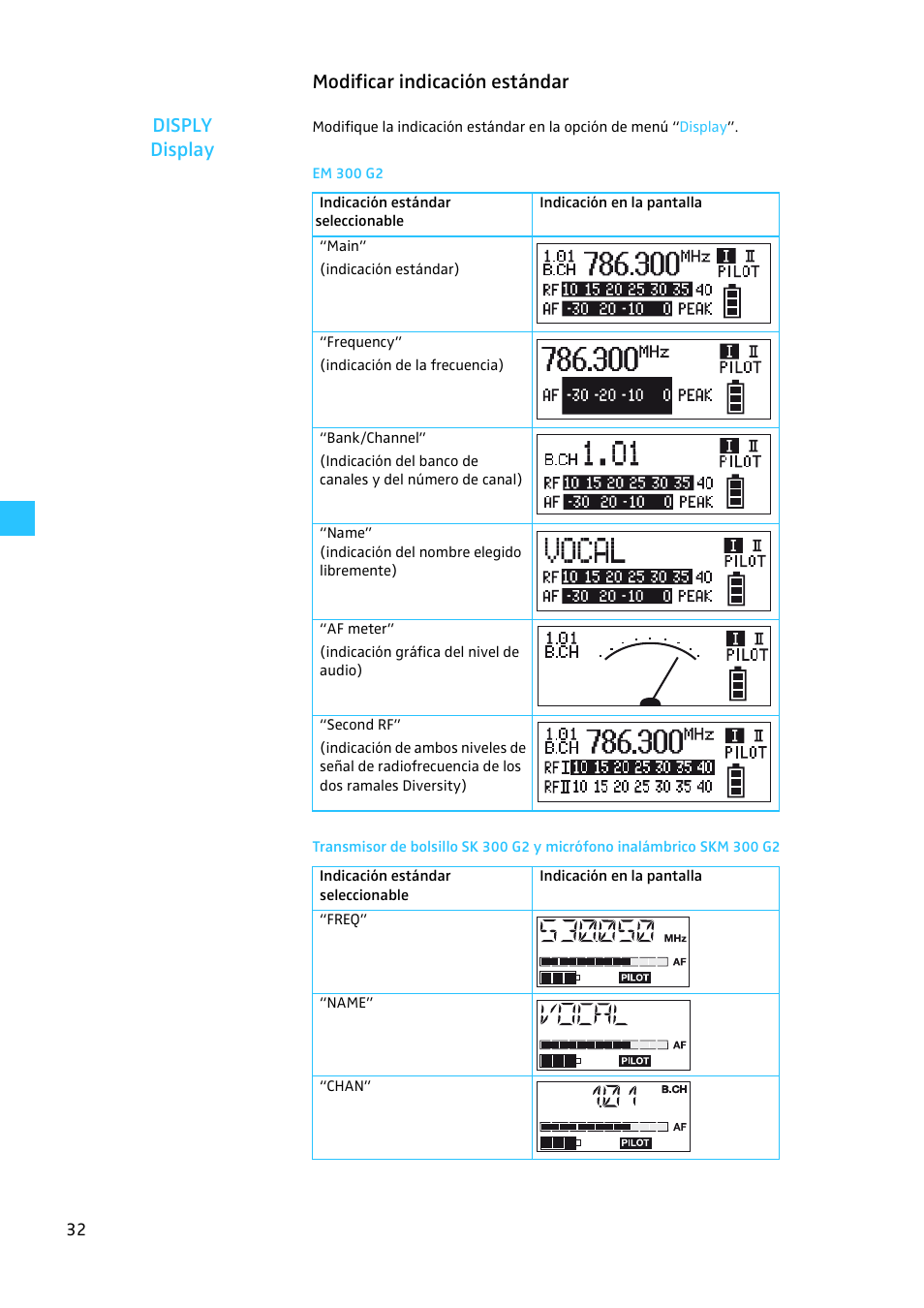 Modificar indicación estándar, Em 300 g2, Modificar indicación estándar disply display | Sennheiser EW 300 G2 User Manual | Page 167 / 180