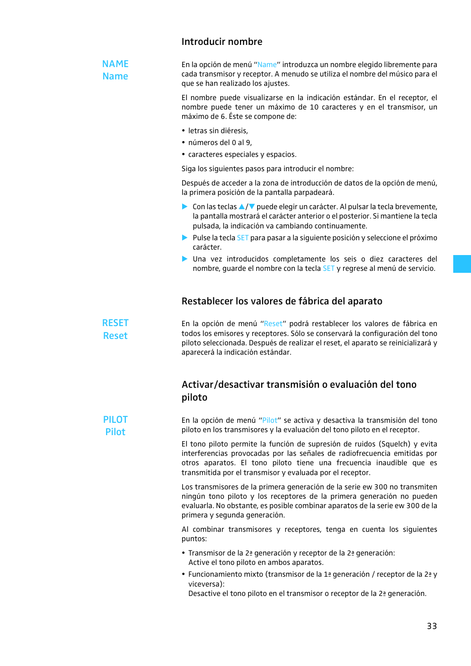 Introducir nombre, Restablecer los valores de fábrica del aparato, Introducir nombre name name | Sennheiser EW 300 G2 User Manual | Page 168 / 180