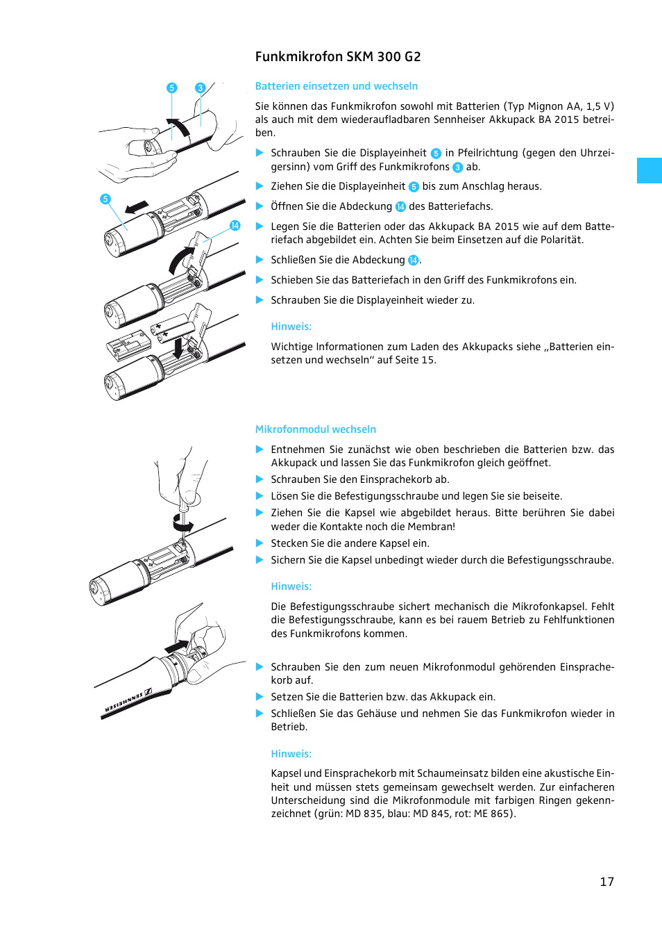 Funkmikrofon skm 300 g2, Batterien einsetzen und wechseln, Mikrofonmodul wechseln | Sennheiser EW 300 G2 User Manual | Page 17 / 180