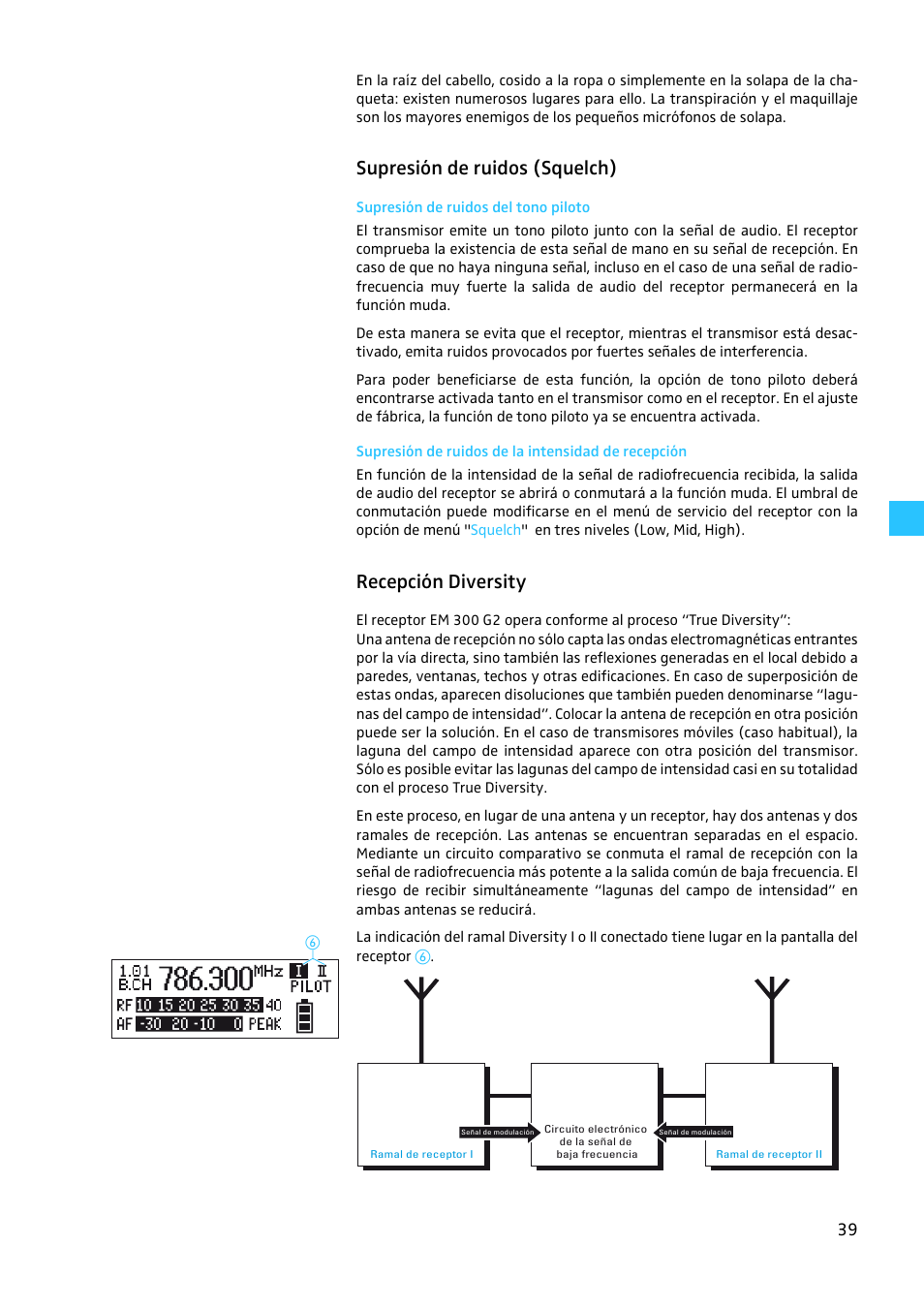 Supresión de ruidos (squelch), Supresión de ruidos del tono piloto, Supresión de ruidos de la intensidad de recepción | Recepción diversity | Sennheiser EW 300 G2 User Manual | Page 174 / 180