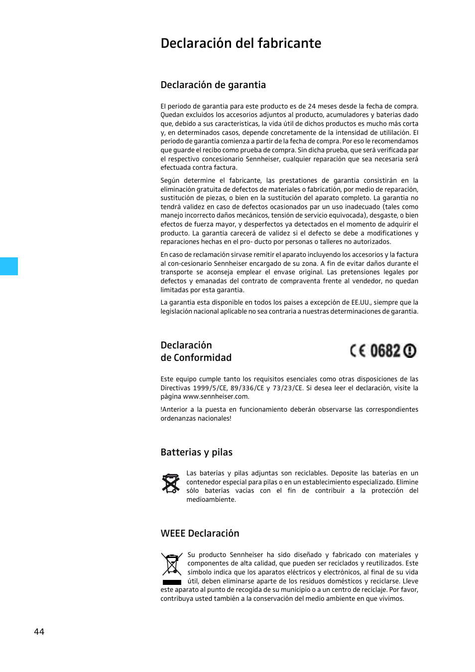 Declaración del fabricante, Declaración de garantia, Declaración de conformidad | Batterias y pilas, Weee declaración | Sennheiser EW 300 G2 User Manual | Page 179 / 180