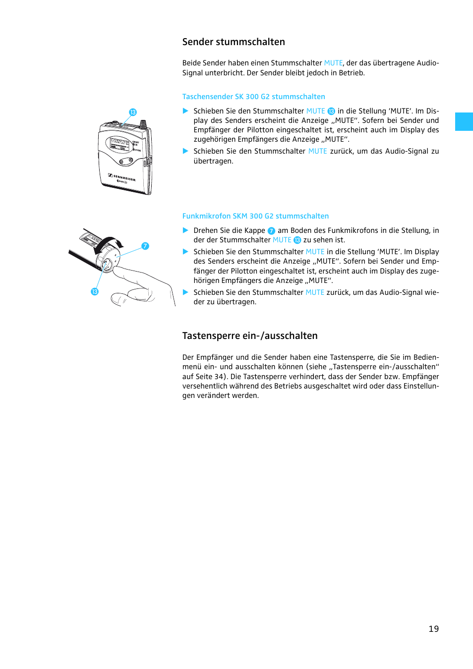 Sender stummschalten, Taschensender sk 300 g2 stummschalten, Funkmikrofon skm 300 g2 stummschalten | Tastensperre ein-/ausschalten | Sennheiser EW 300 G2 User Manual | Page 19 / 180
