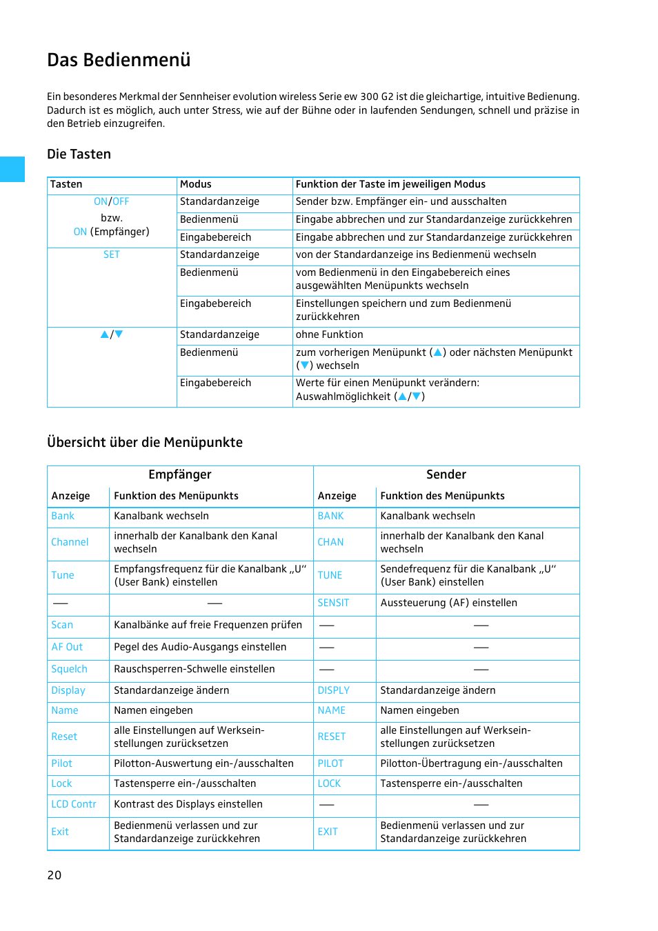 Das bedienmenü, Die tasten, Übersicht über die menüpunkte | Die tasten übersicht über die menüpunkte | Sennheiser EW 300 G2 User Manual | Page 20 / 180