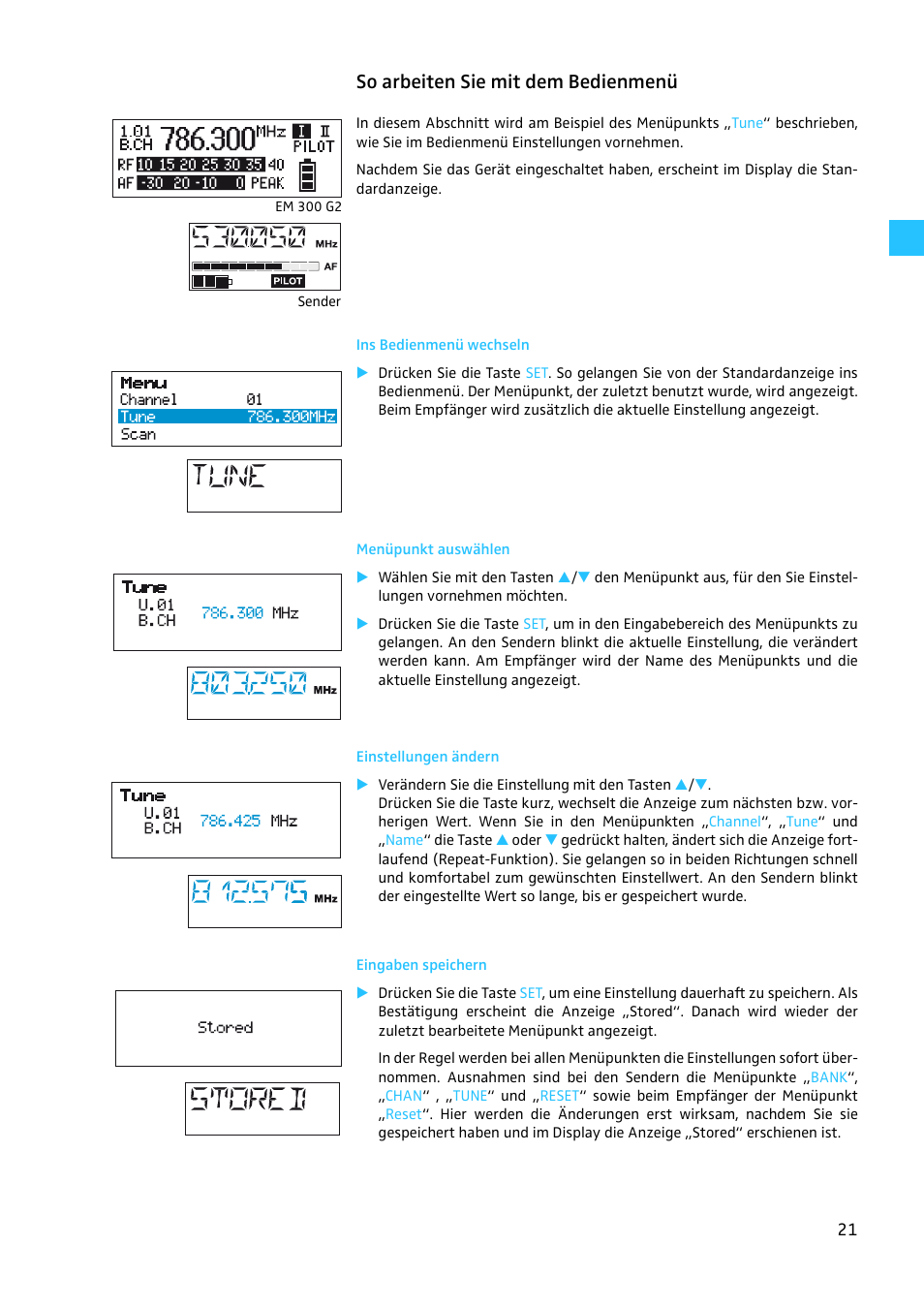 So arbeiten sie mit dem bedienmenü, Ins bedienmenü wechseln, Menüpunkt auswählen | Einstellungen ändern, Eingaben speichern | Sennheiser EW 300 G2 User Manual | Page 21 / 180