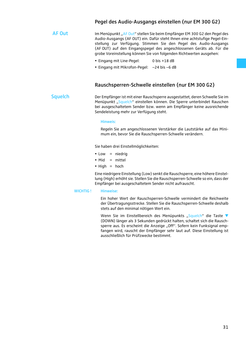 Rauschsperren-schwelle einstellen (nur em 300 g2) | Sennheiser EW 300 G2 User Manual | Page 31 / 180