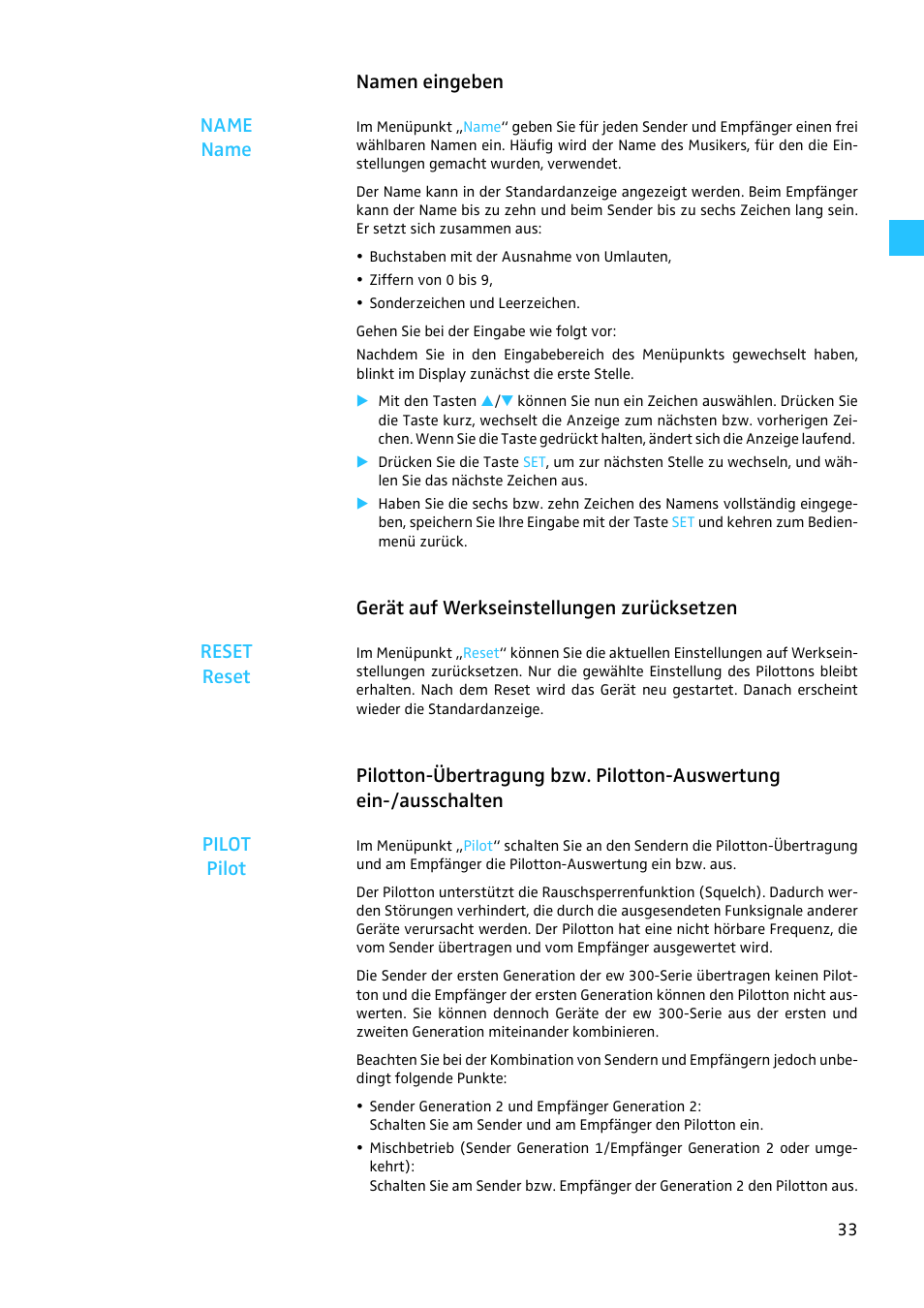 Namen eingeben, Gerät auf werkseinstellungen zurücksetzen, Namen eingeben name name | Sennheiser EW 300 G2 User Manual | Page 33 / 180
