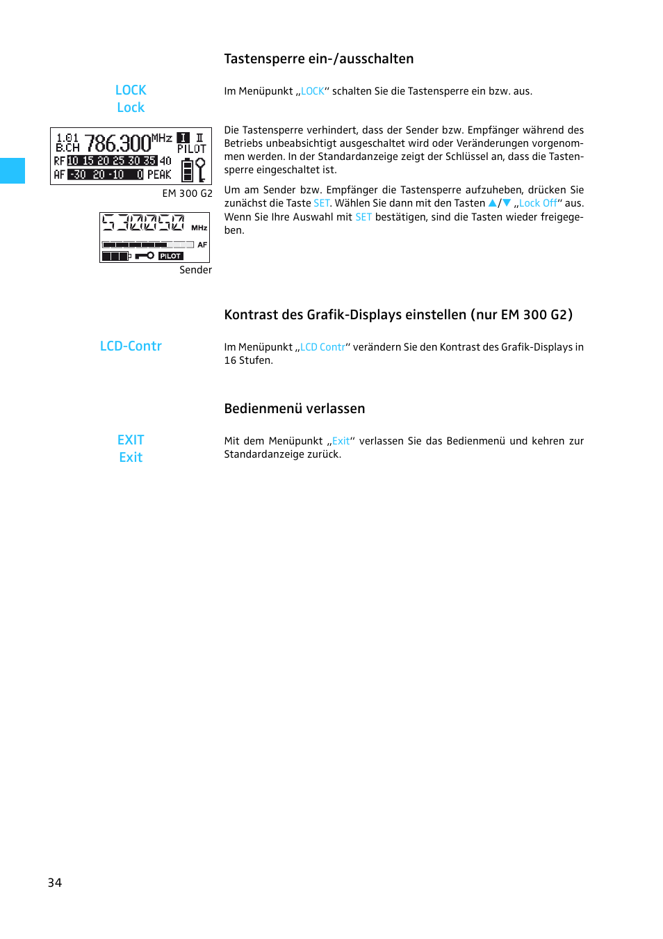 Tastensperre ein-/ausschalten, Bedienmenü verlassen, Tastensperre ein-/ausschalten lock lock | Bedienmenü verlassen exit exit | Sennheiser EW 300 G2 User Manual | Page 34 / 180