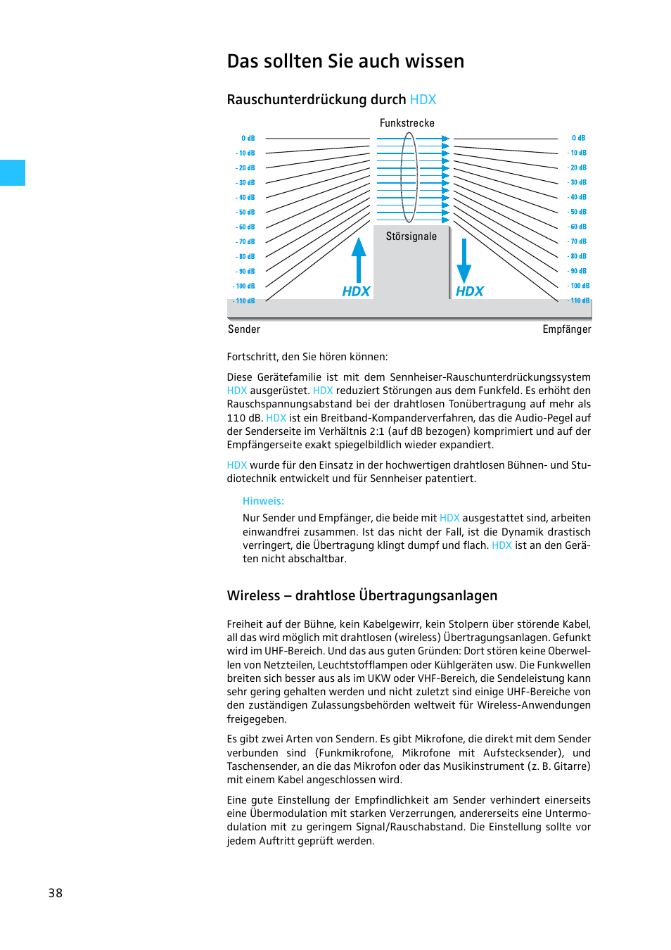 Das sollten sie auch wissen, Rauschunterdrückung durch hdx, Wireless - drahtlose übertragungsanlagen | Wireless – drahtlose übertragungsanlagen | Sennheiser EW 300 G2 User Manual | Page 38 / 180