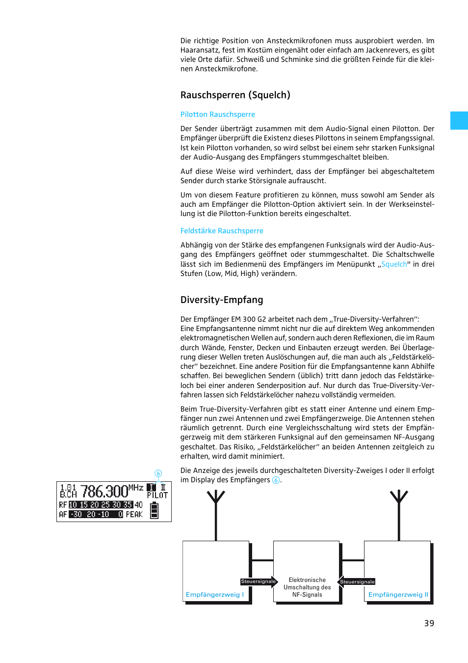 Rauschsperren (squelch), Pilotton rauschsperre, Feldstärke rauschsperre | Diversity-empfang | Sennheiser EW 300 G2 User Manual | Page 39 / 180