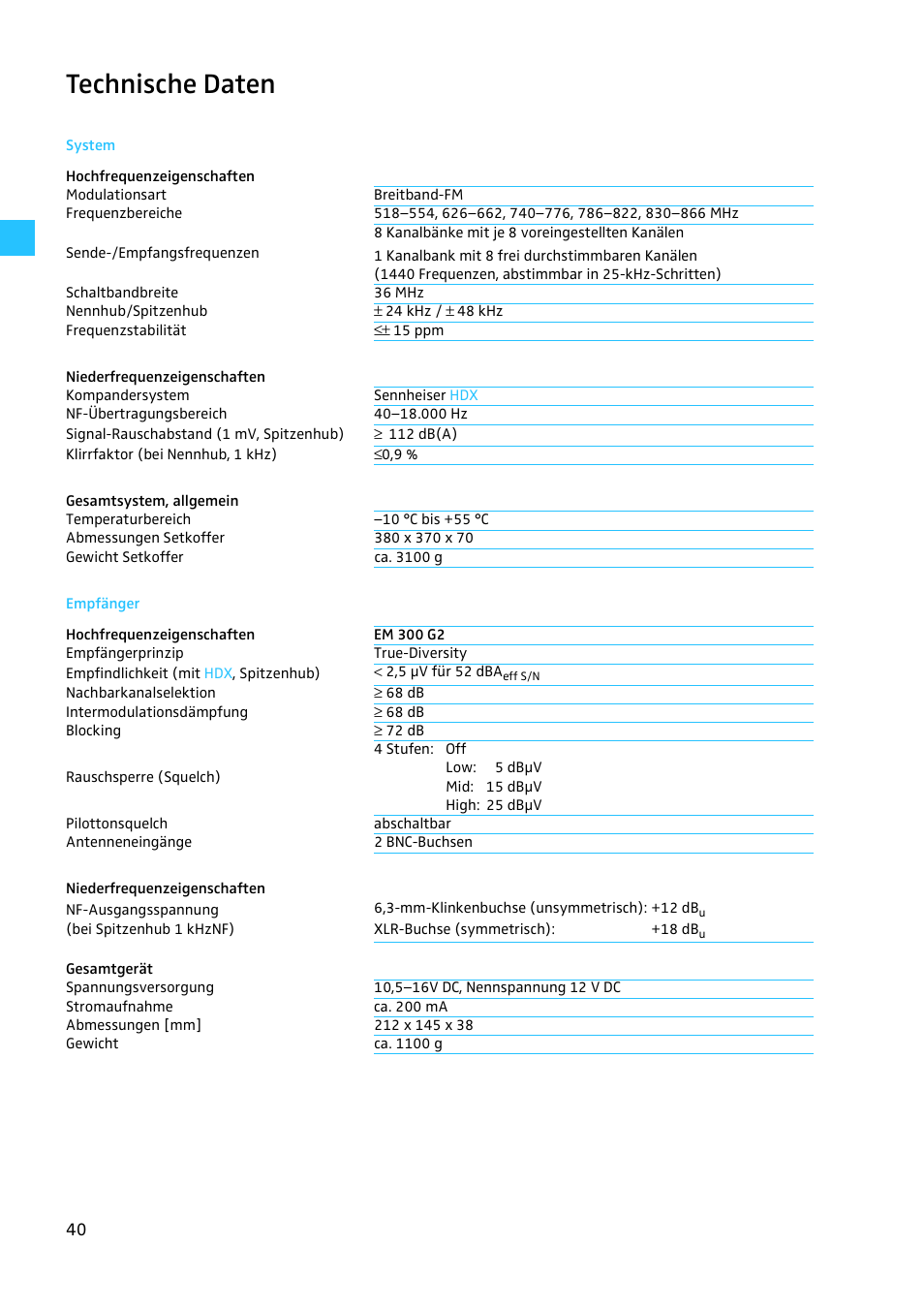 Technische daten, System, Empfänger | Sennheiser EW 300 G2 User Manual | Page 40 / 180